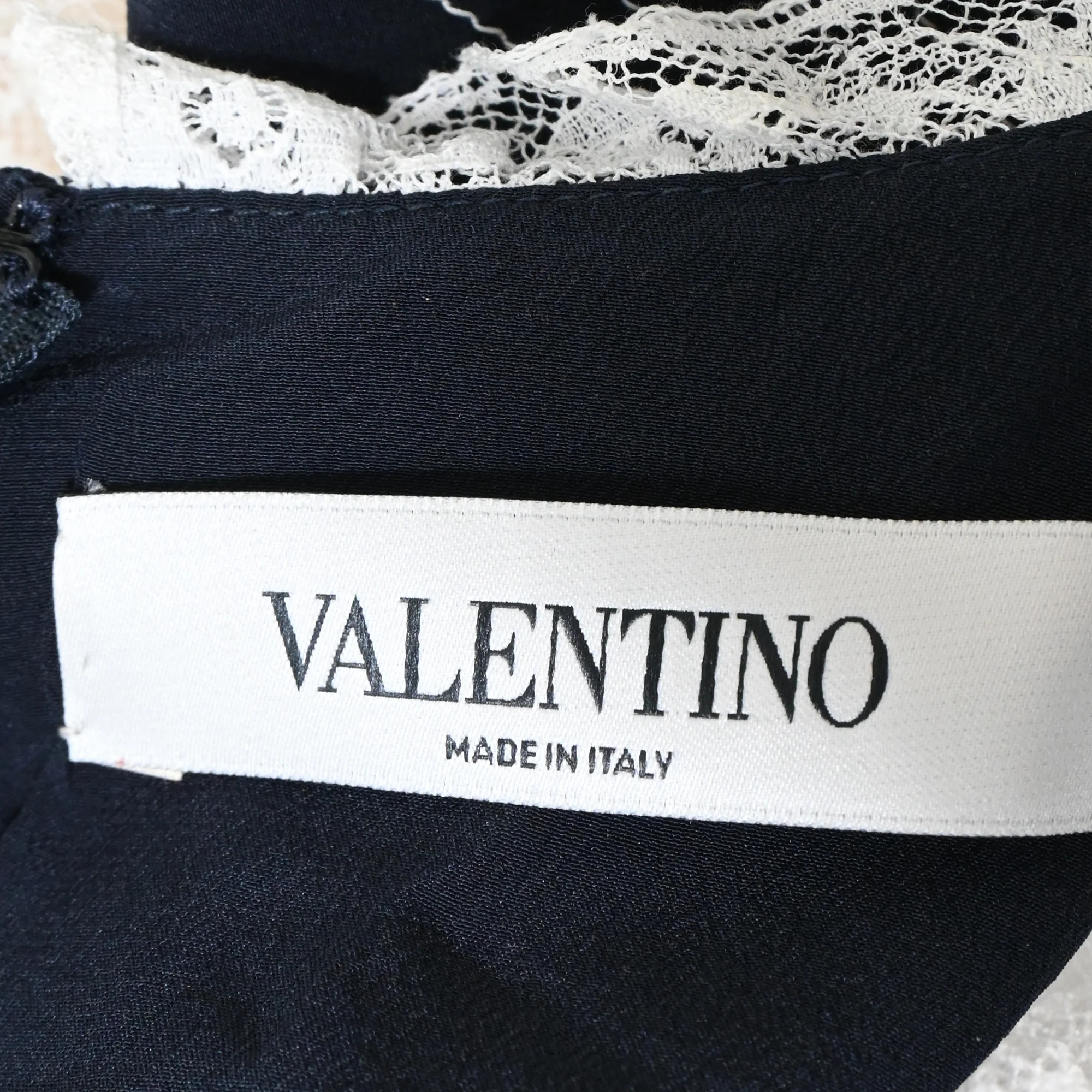 Women's  Valentino Garavani Striped Lace-Trimmed Blouse in Navy Blue Silk - Image 4