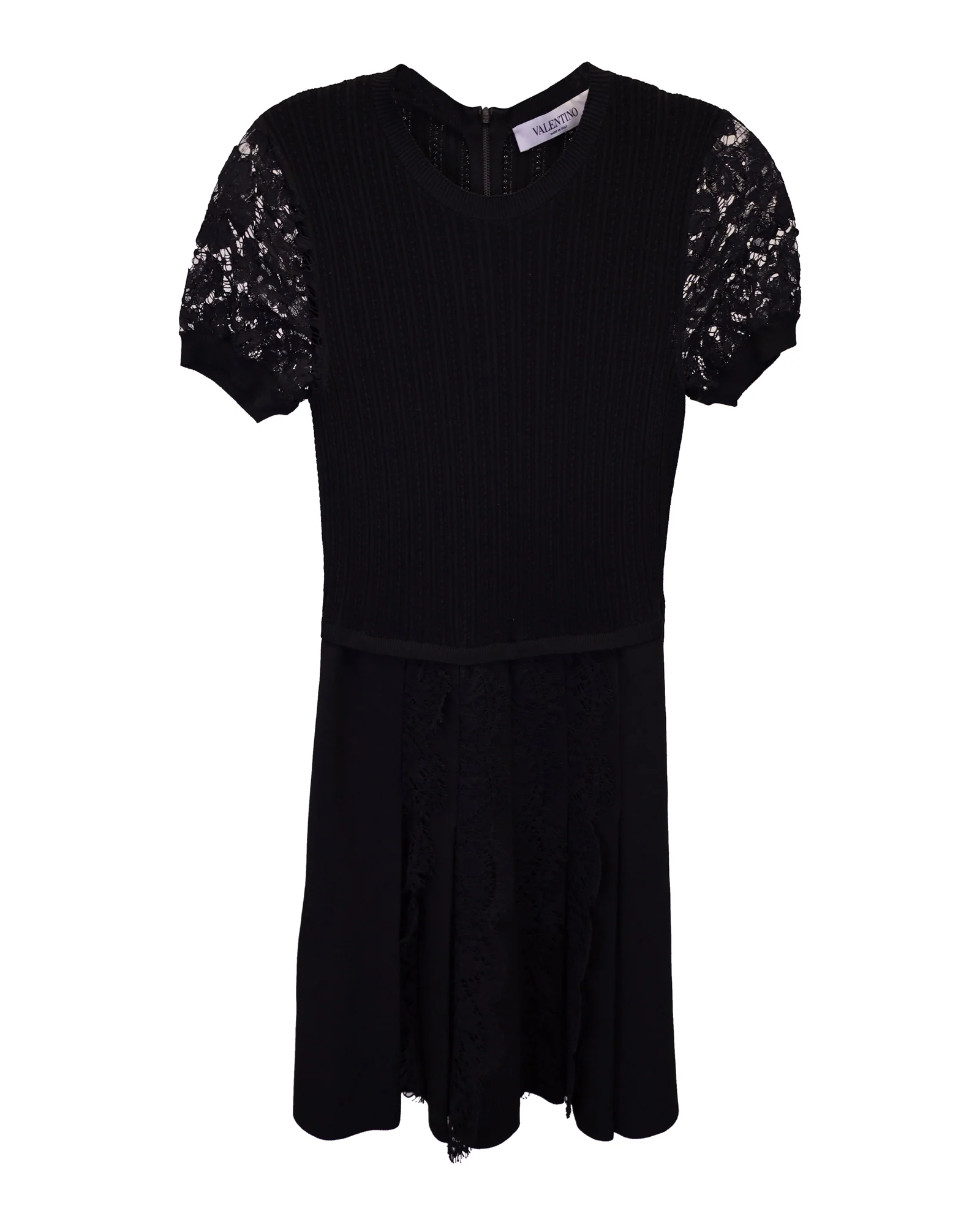 Women's Valentino Lace-Paneled Pleated Mini Dress in Black Viscose