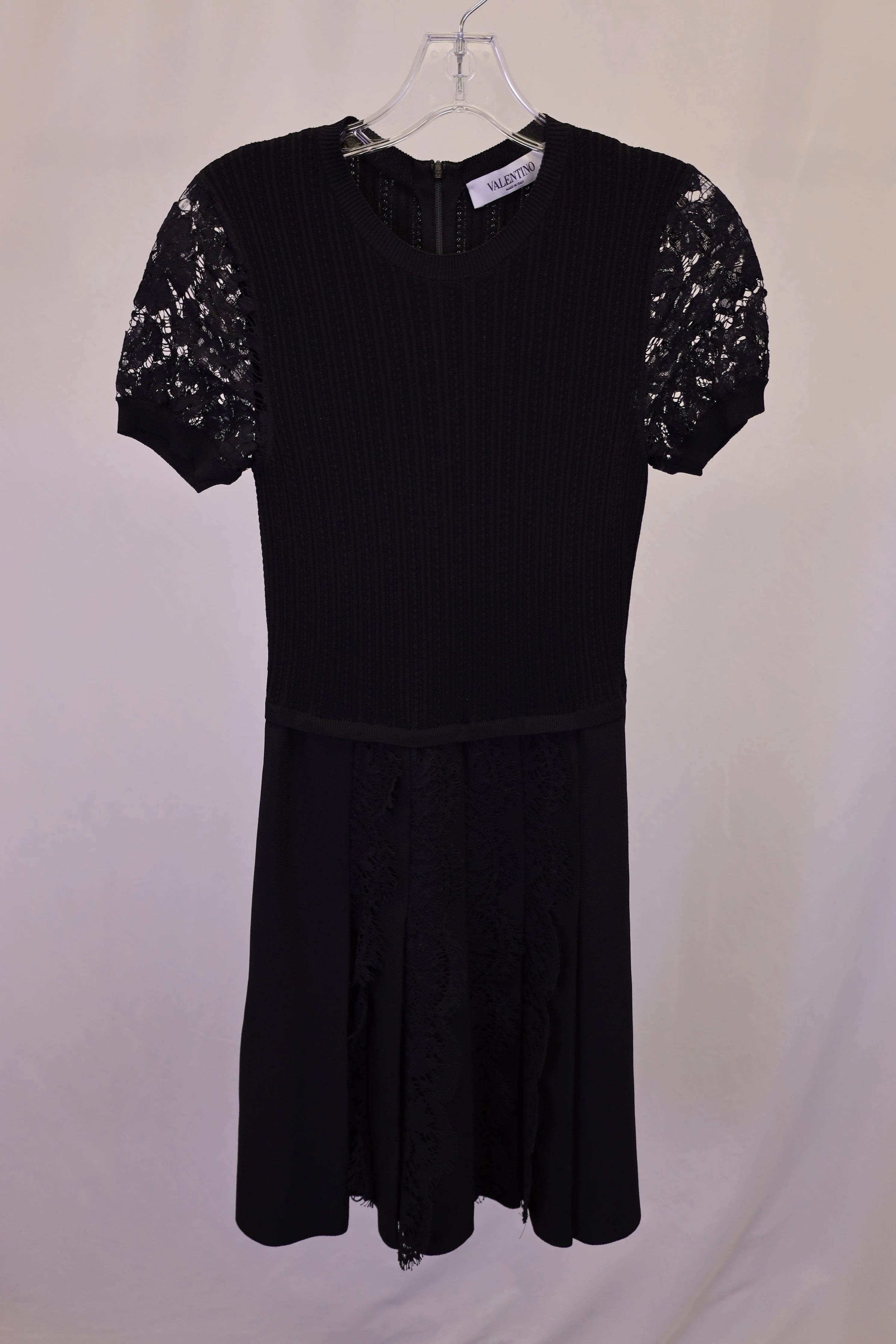 Women's Valentino Lace-Paneled Pleated Mini Dress in Black Viscose - Image 4