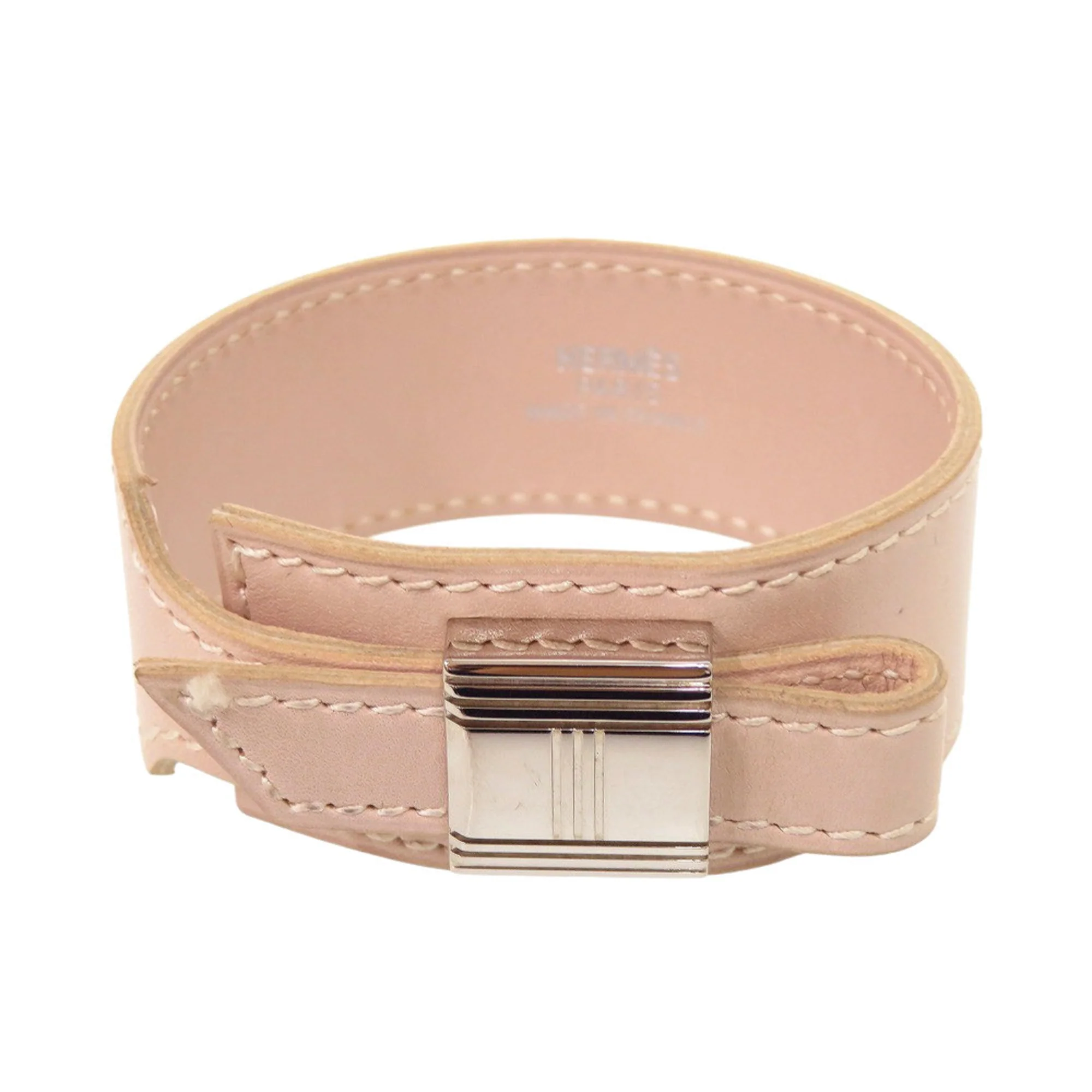 Charm Bracelet Leather and Metal Pink Beige and Silver