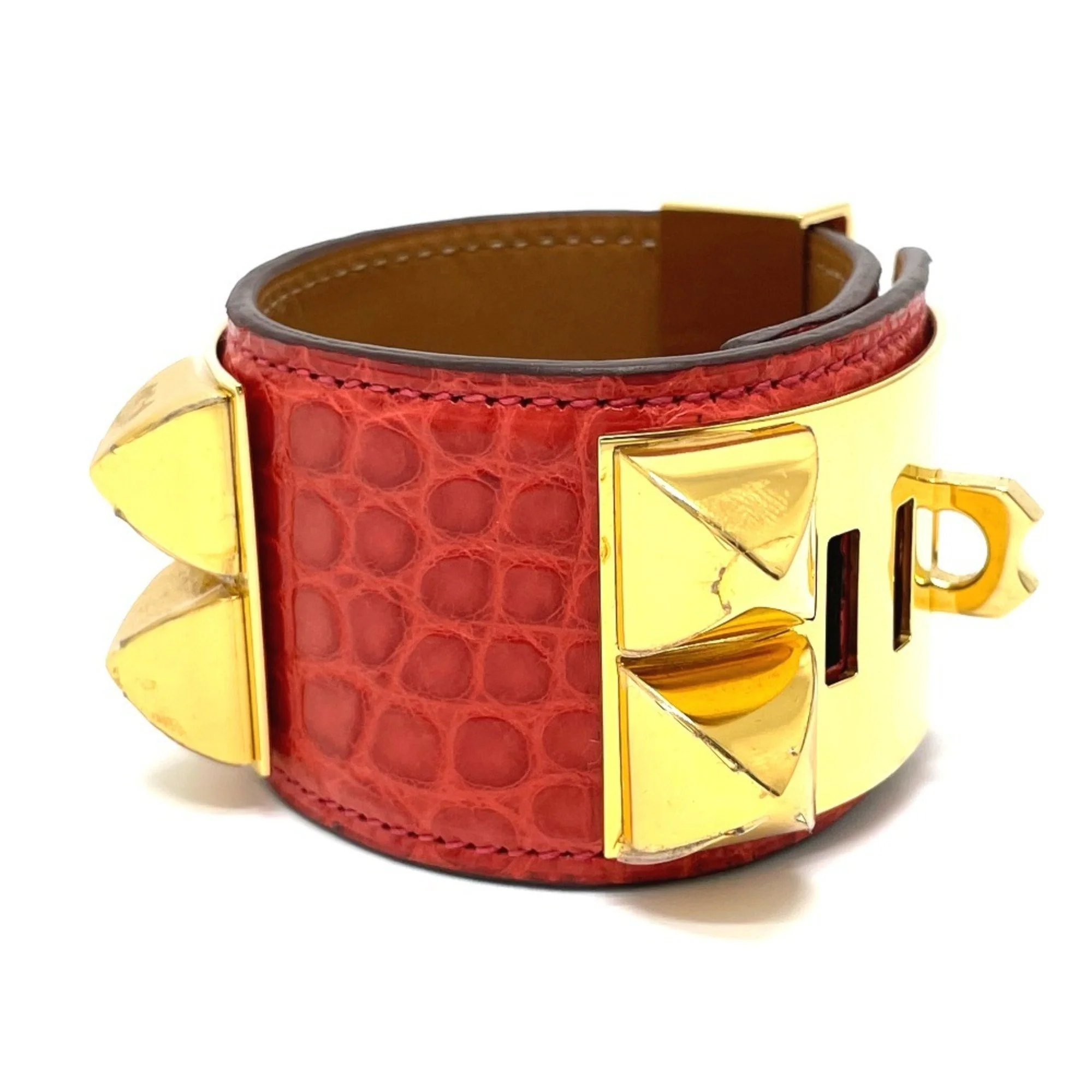 Collier de Chien Bangle Leather Bougainvillier Red with Gold Hardware Bracelet - Image 2