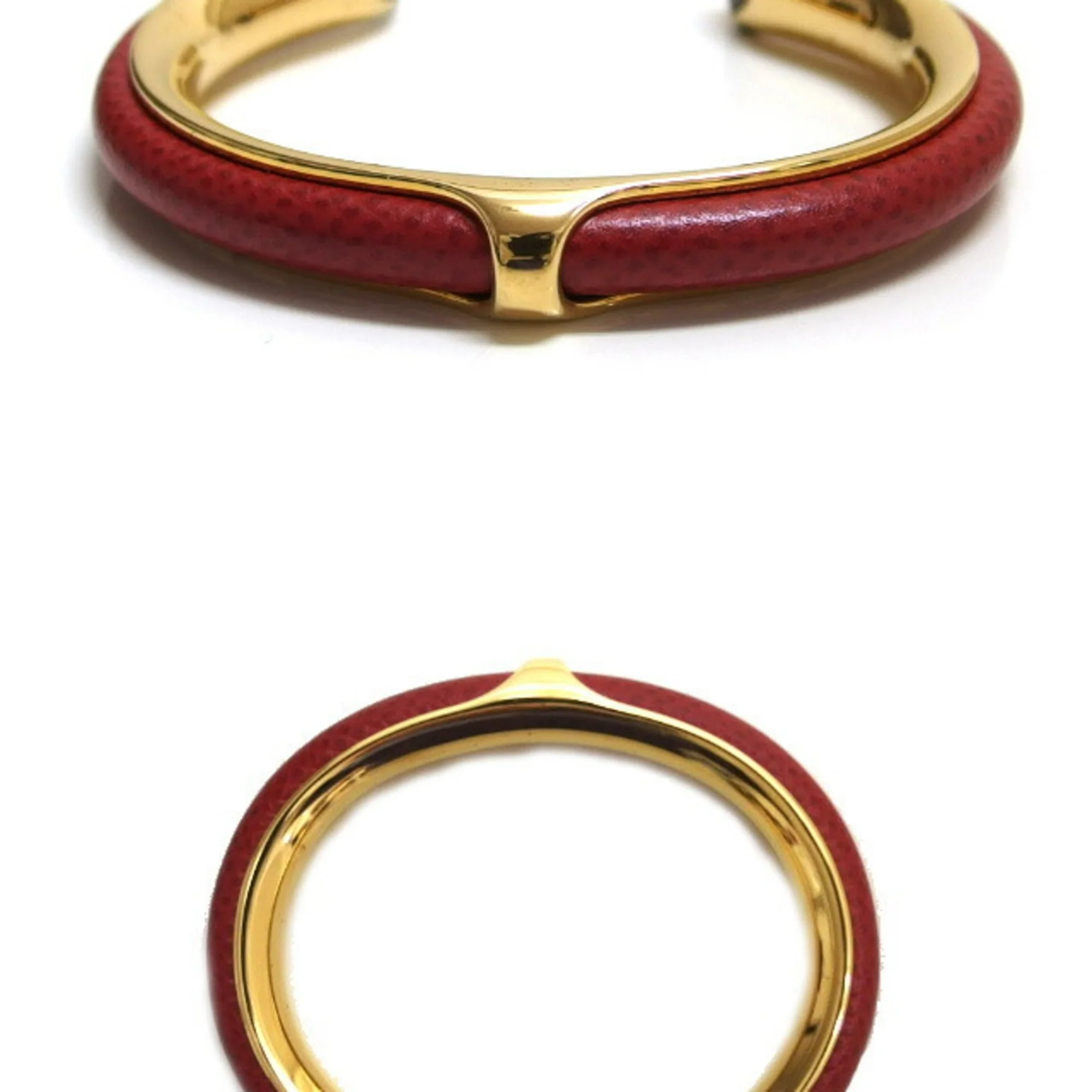 Oval Bangle Leather and Metal Gold Red Bracelet - Image 4