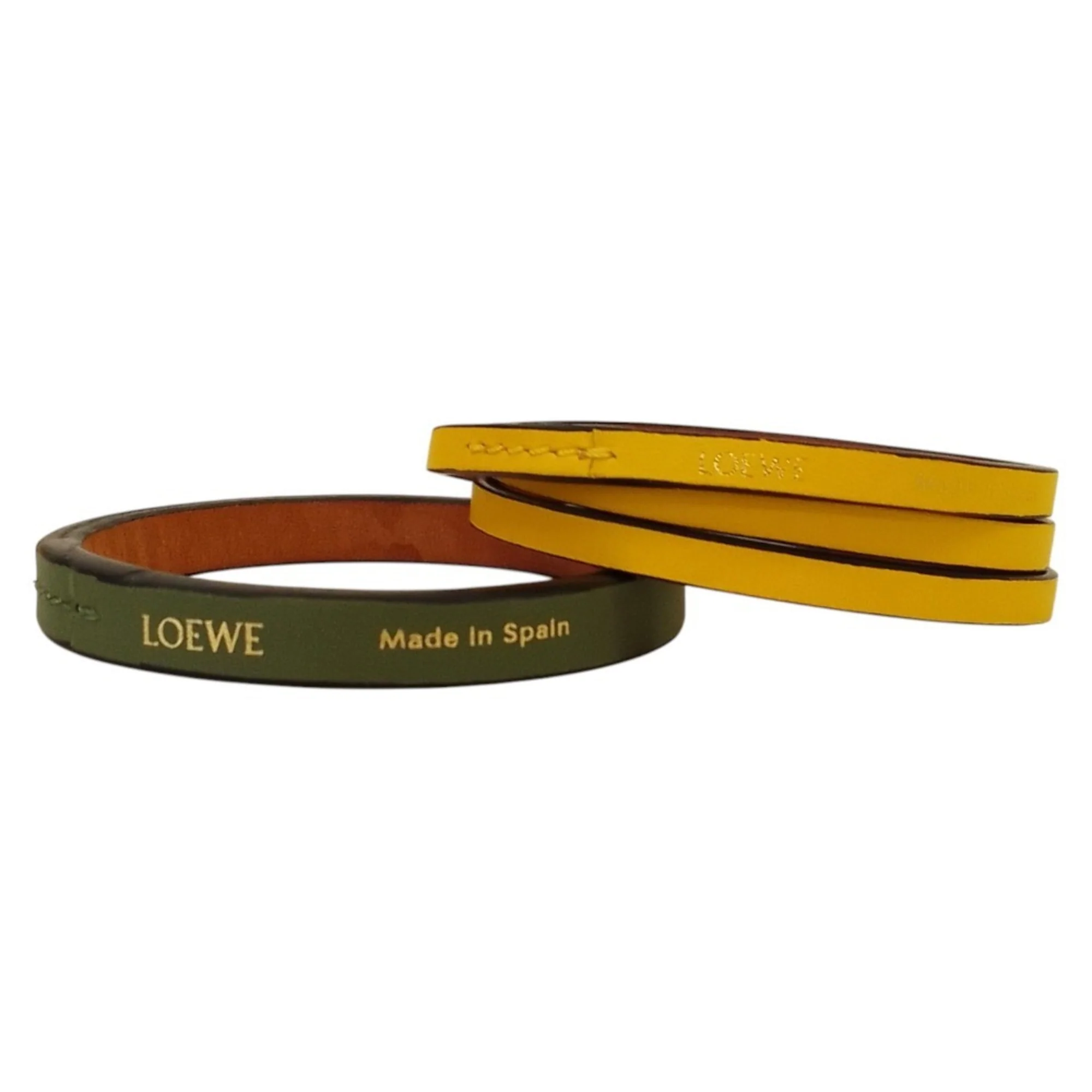 Leather Double Bangle Bracelet Green and Yellow