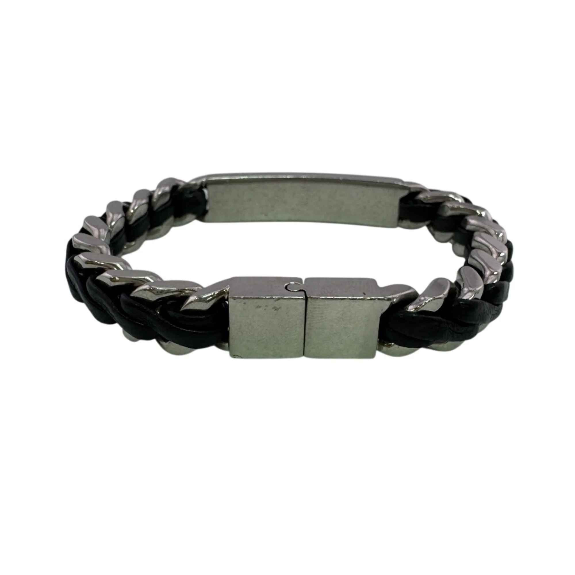 Curved Chain Bracelet Leather Silver - Image 2