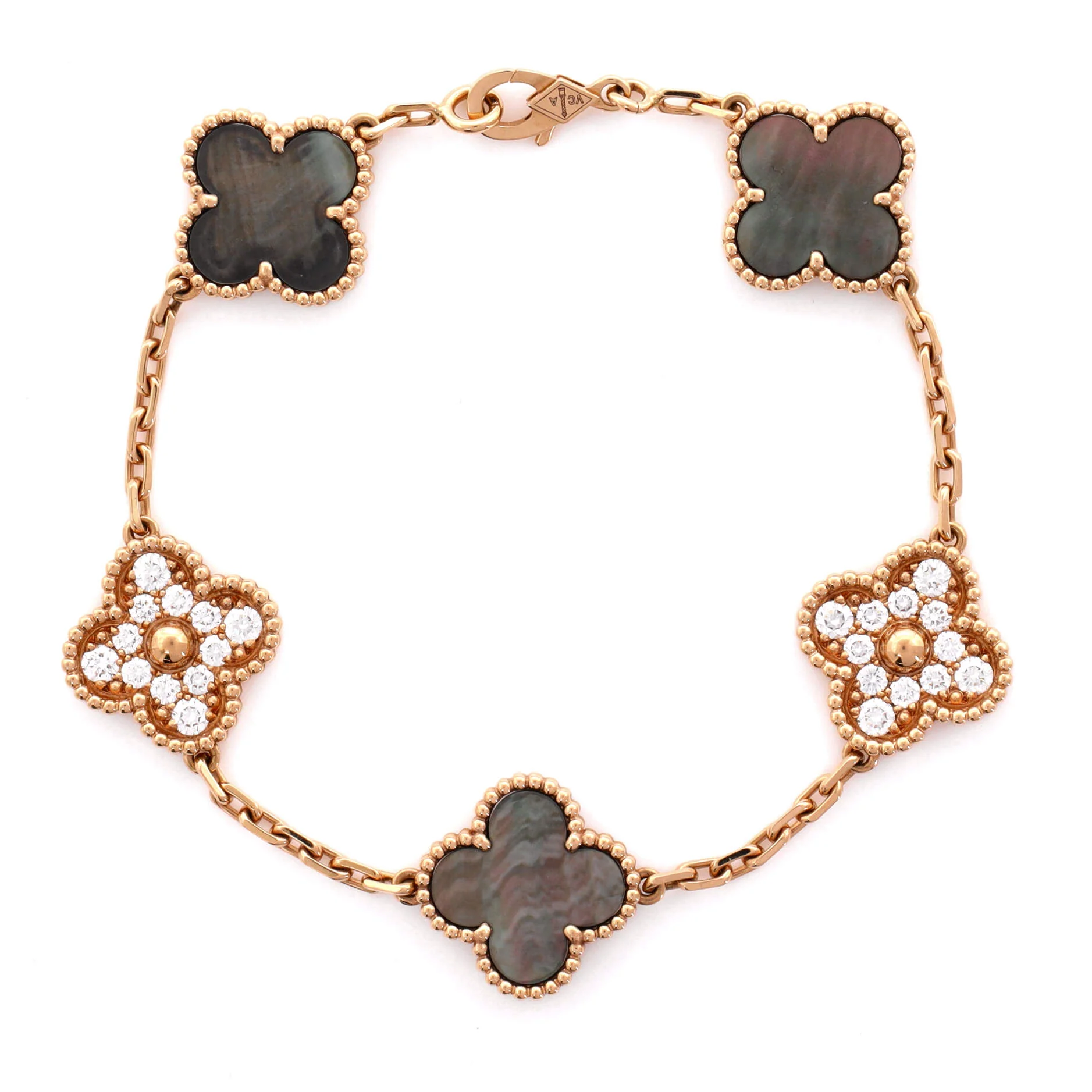 Vintage Alhambra 5 Motifs Bracelet 18K Rose Gold and Mother of Pearl with Diamonds