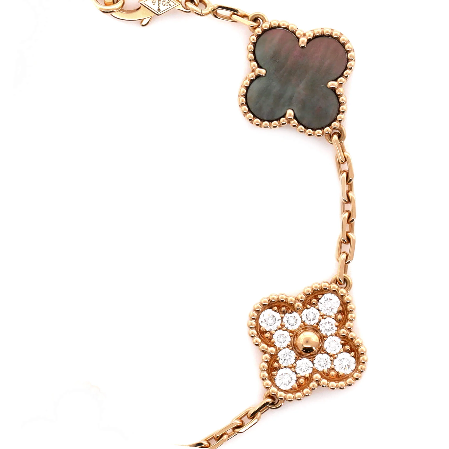 Vintage Alhambra 5 Motifs Bracelet 18K Rose Gold and Mother of Pearl with Diamonds - Image 4