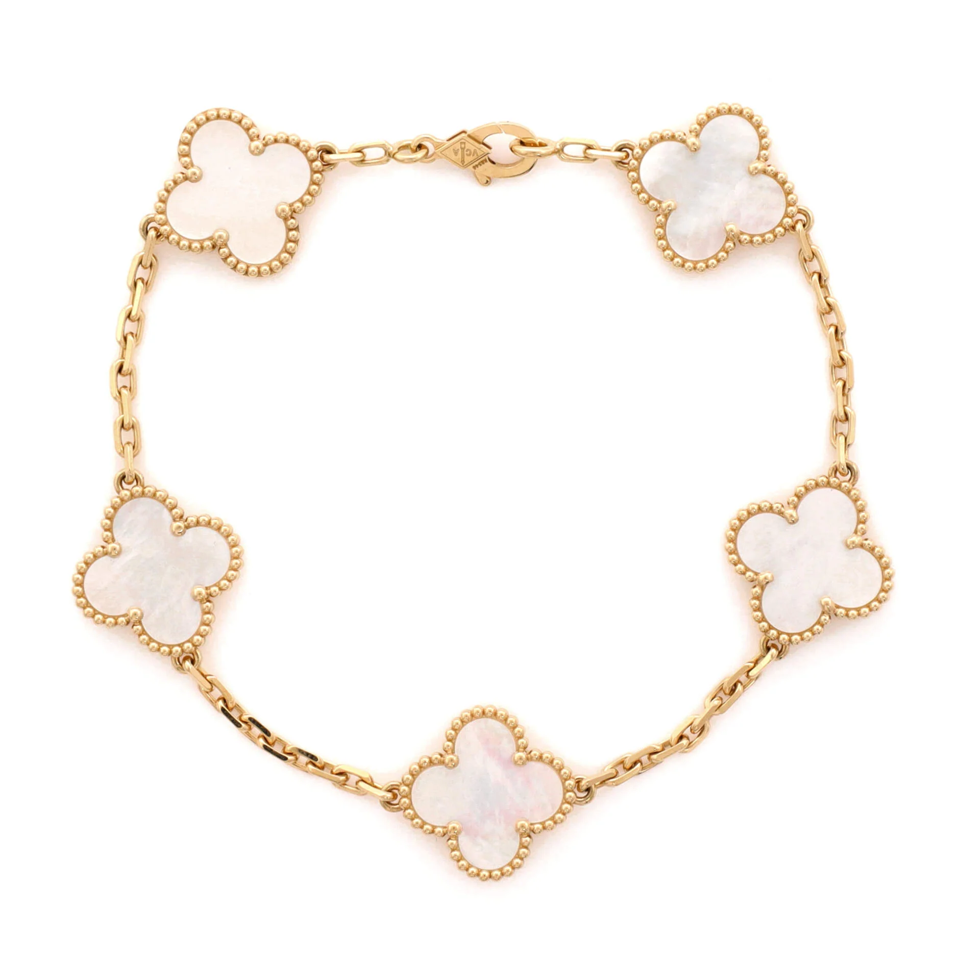 Vintage Alhambra 5 Motifs Bracelet 18K Yellow Gold and Mother of Pearl