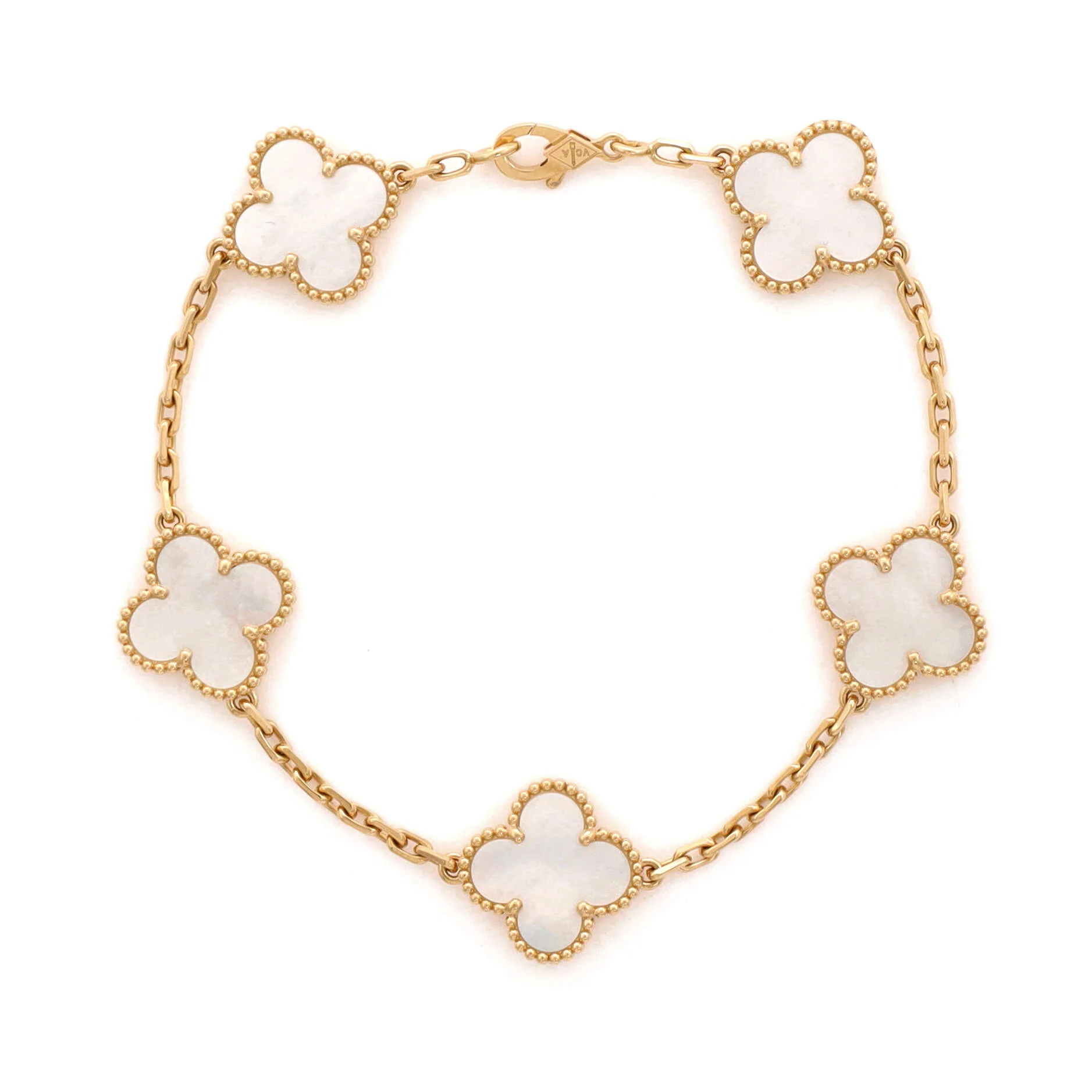 Vintage Alhambra 5 Motifs Bracelet 18K Yellow Gold and Mother of Pearl