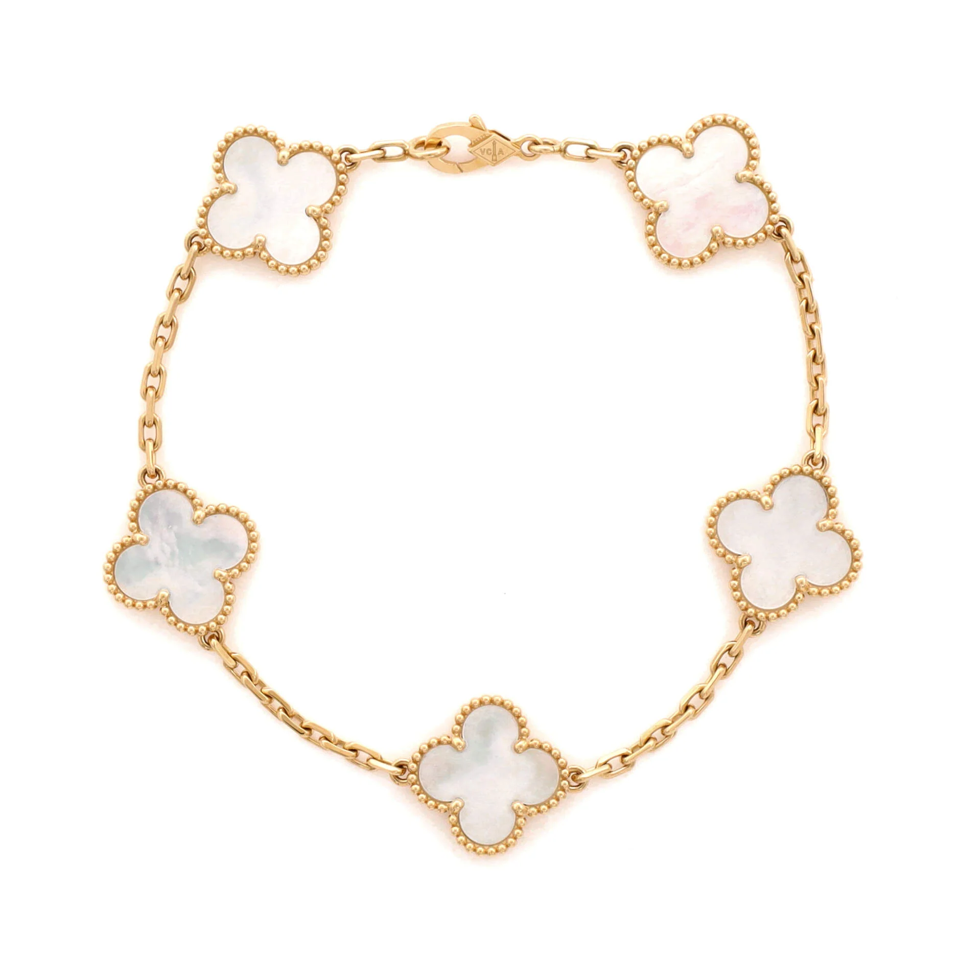 Vintage Alhambra 5 Motifs Bracelet 18K Yellow Gold and Mother of Pearl