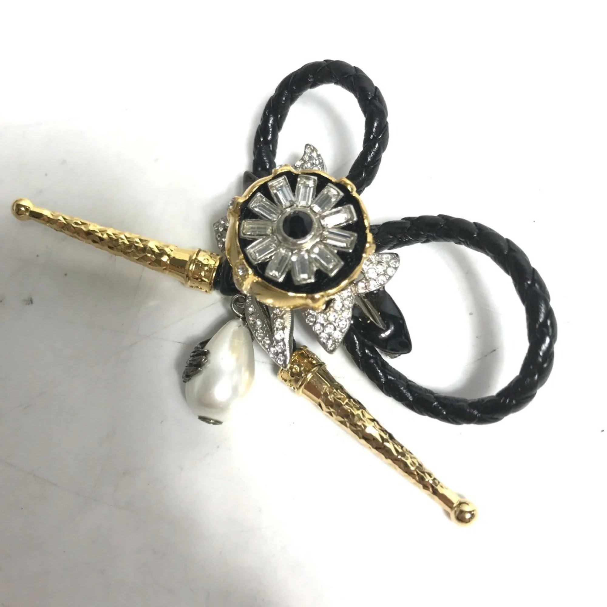 Brooch Leather and Metal Black With Rhinestone - Image 4