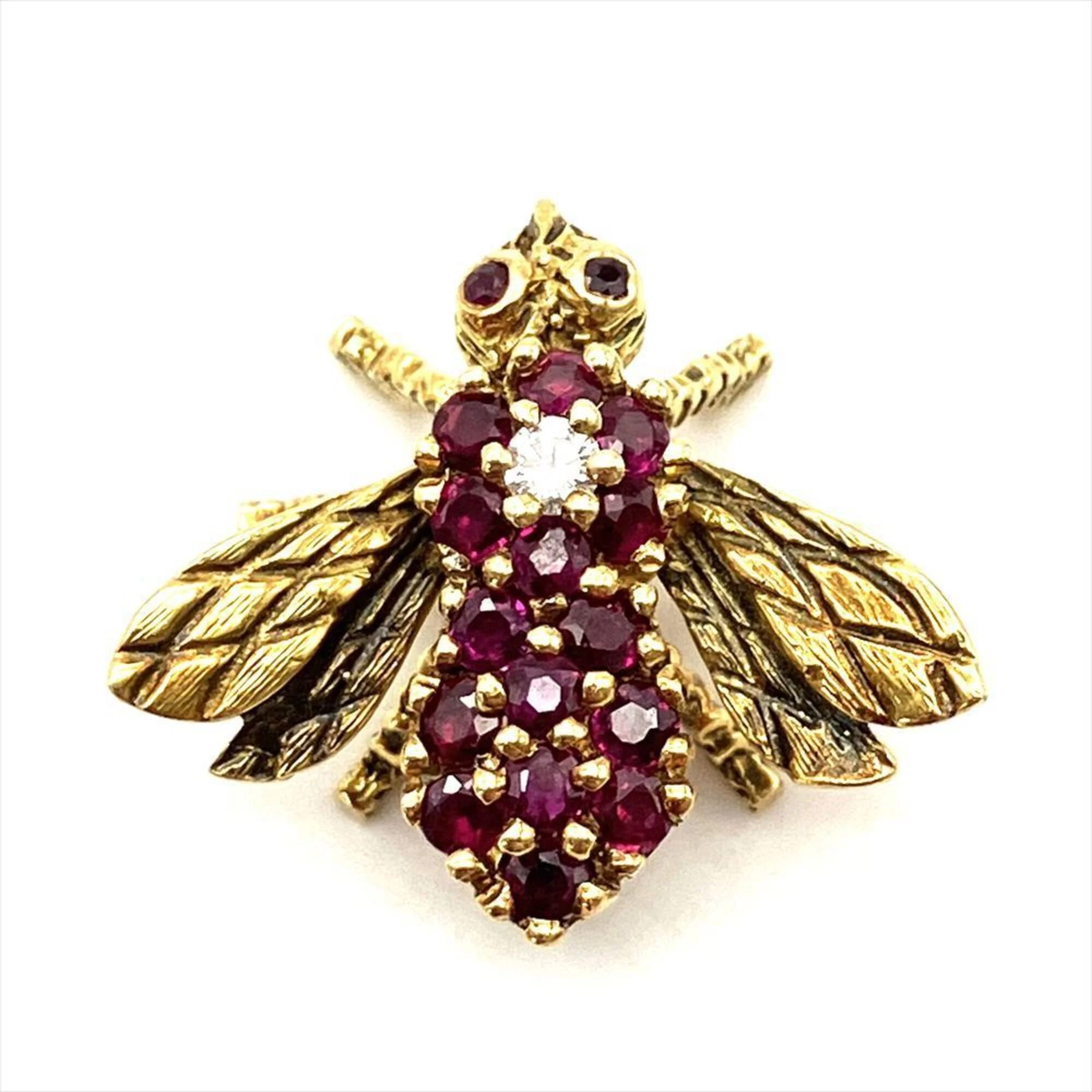 Vintage Brooch 18K Yellow Gold with Diamond and Ruby