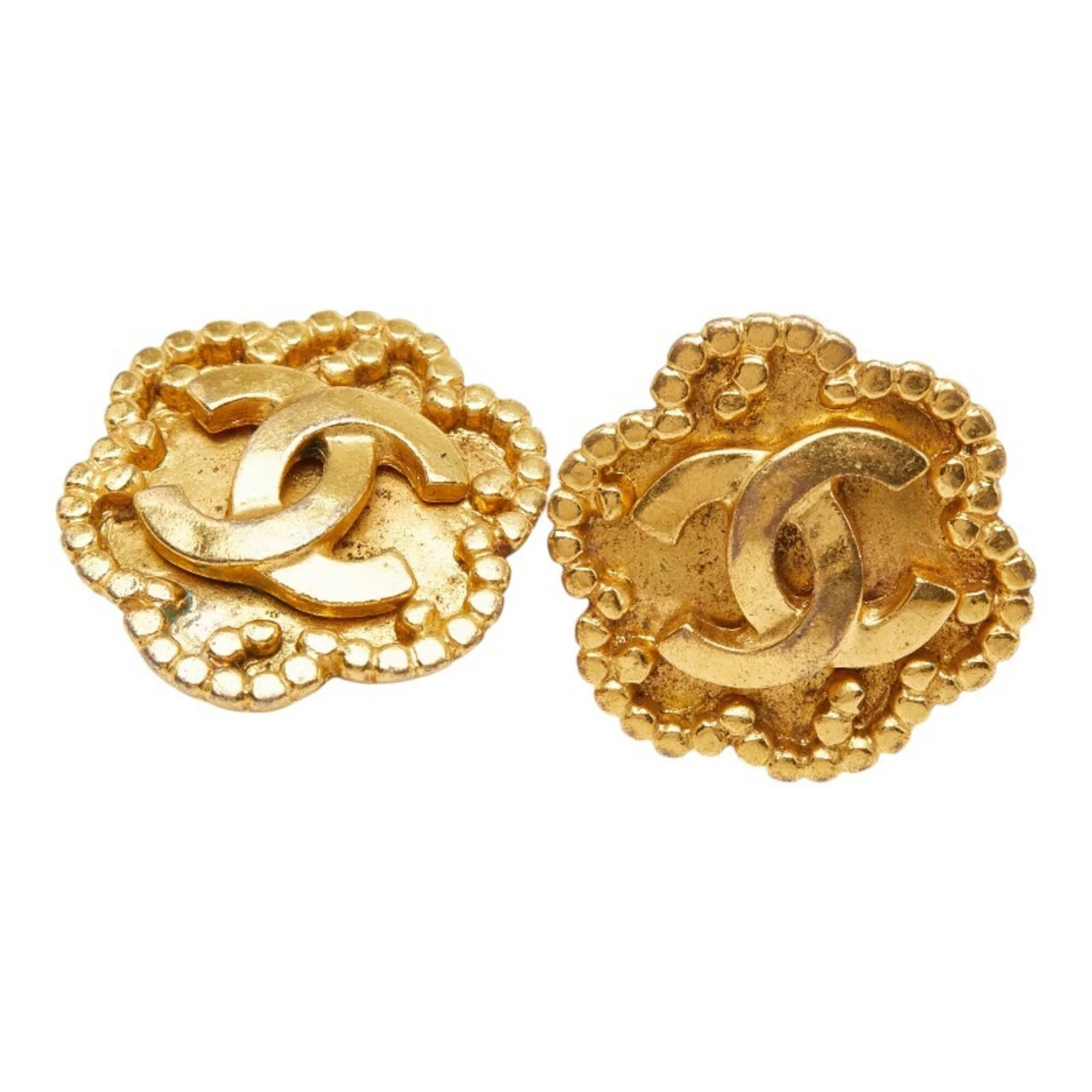CC Logo Flower Clip-On Earrings Metal Gold-Tone Metal