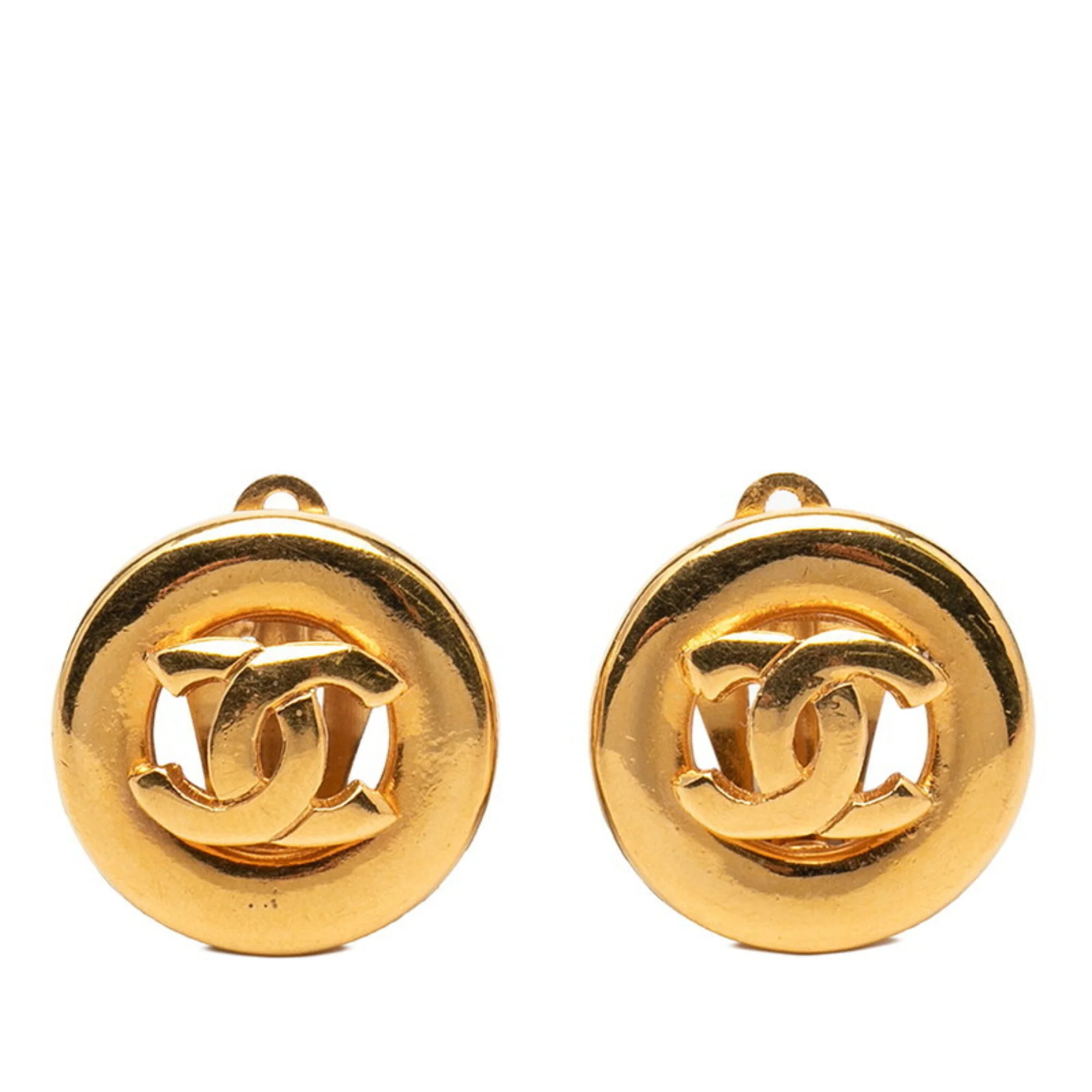 CC Logo Round Circle Earrings Metal Gold-Tone Metal
