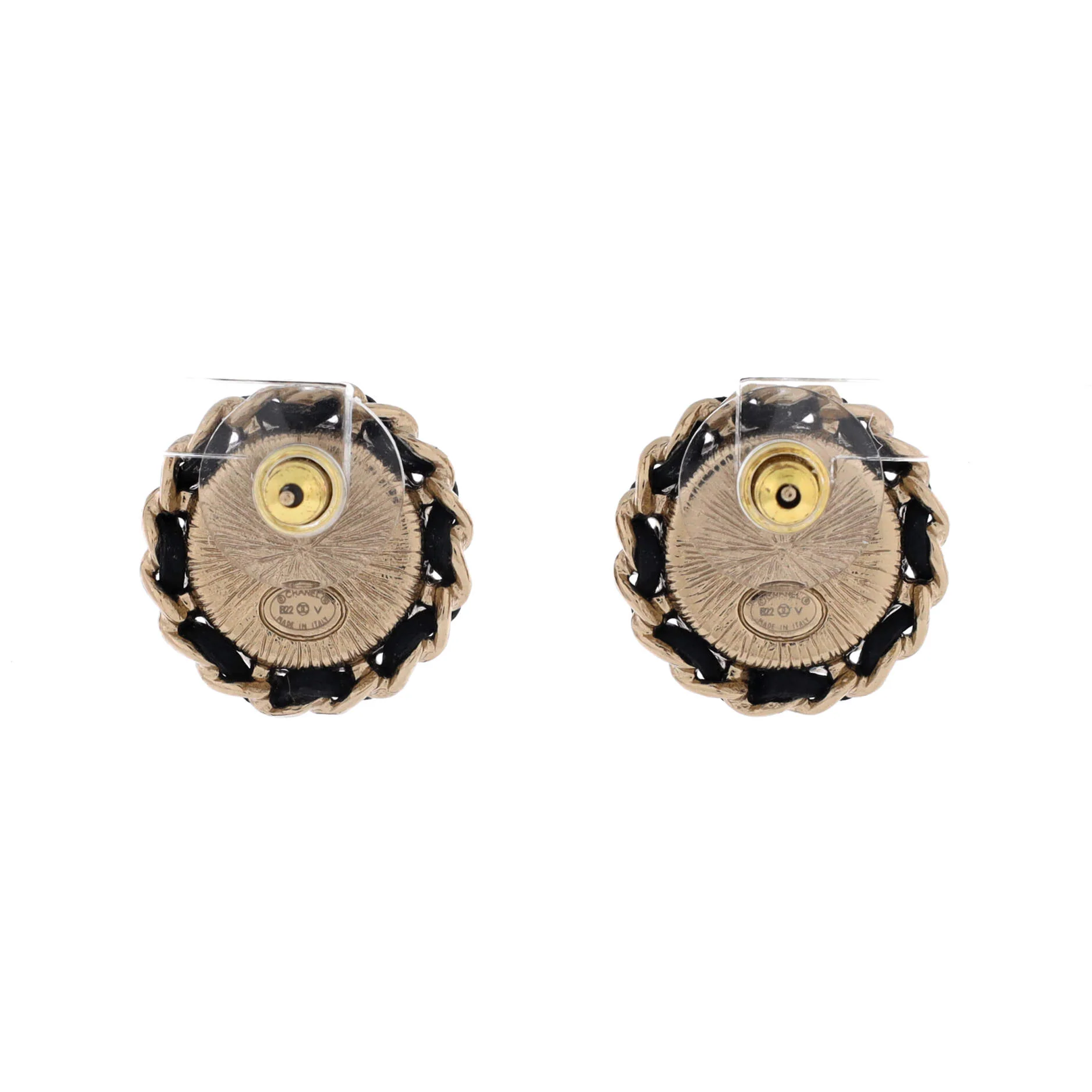 Chain Around CC Stud Earrings Metal with Leather and Crystals - Image 3