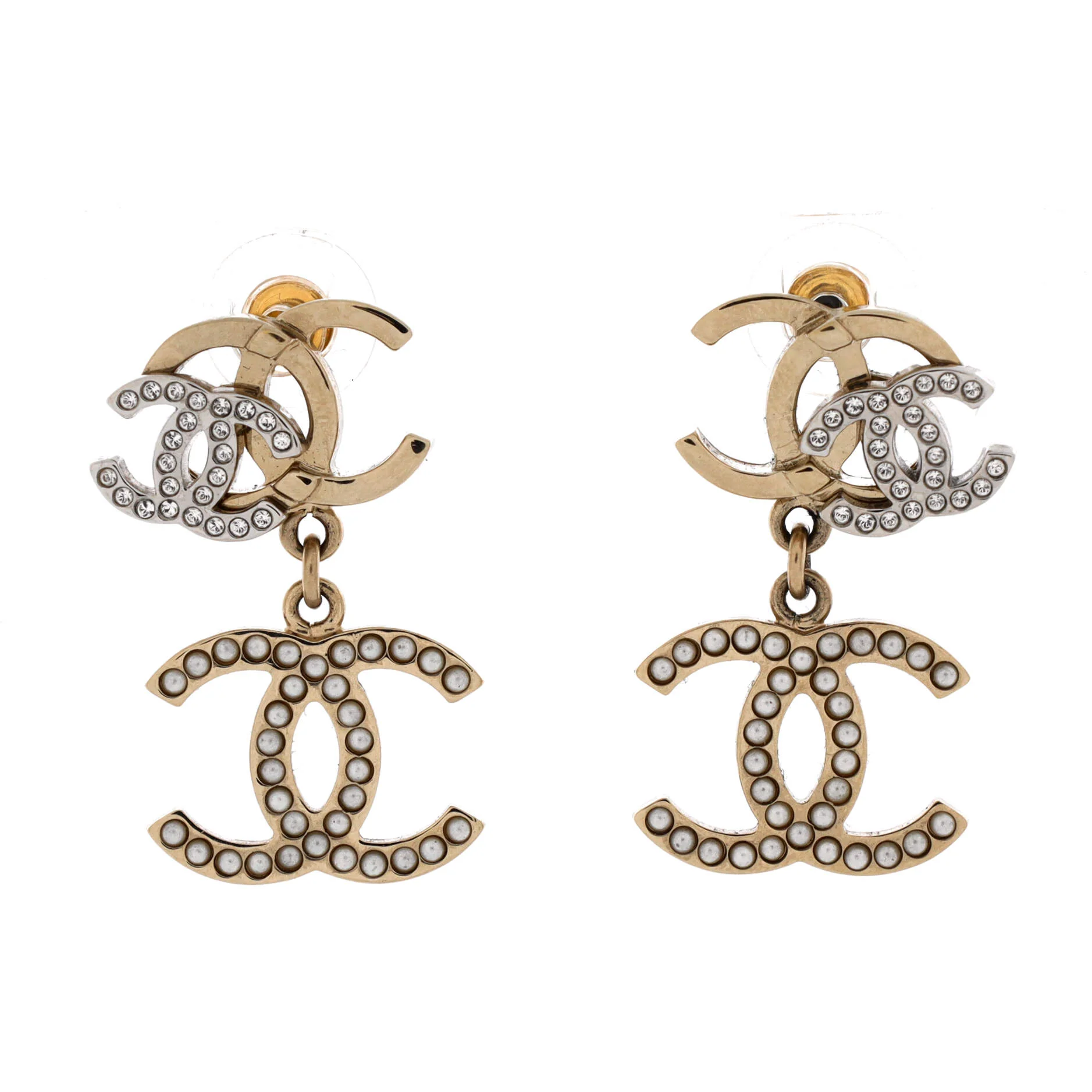 Triple CC Drop Earrings Metal with Crystals and Faux Pearls