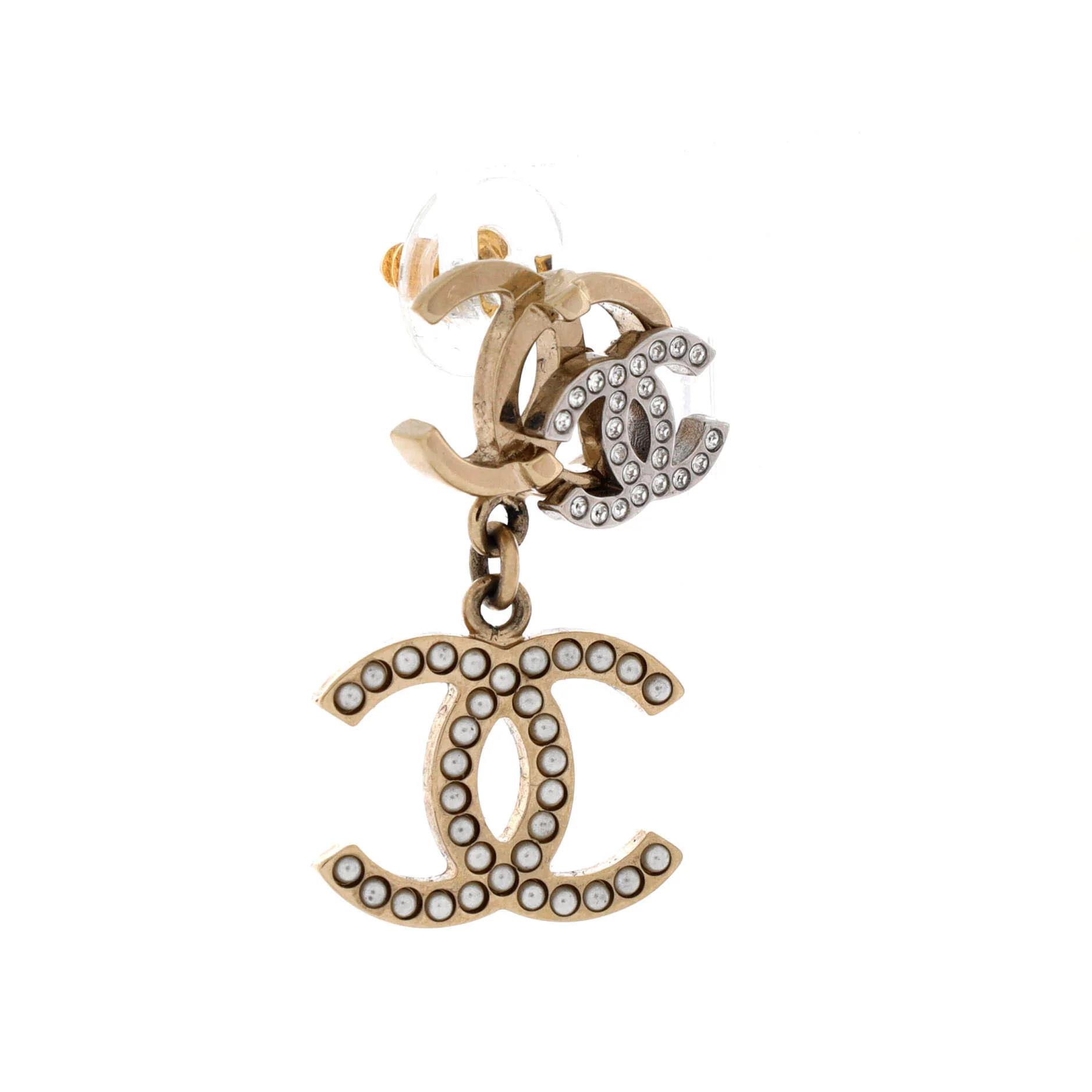 Triple CC Drop Earrings Metal with Crystals and Faux Pearls - Image 2