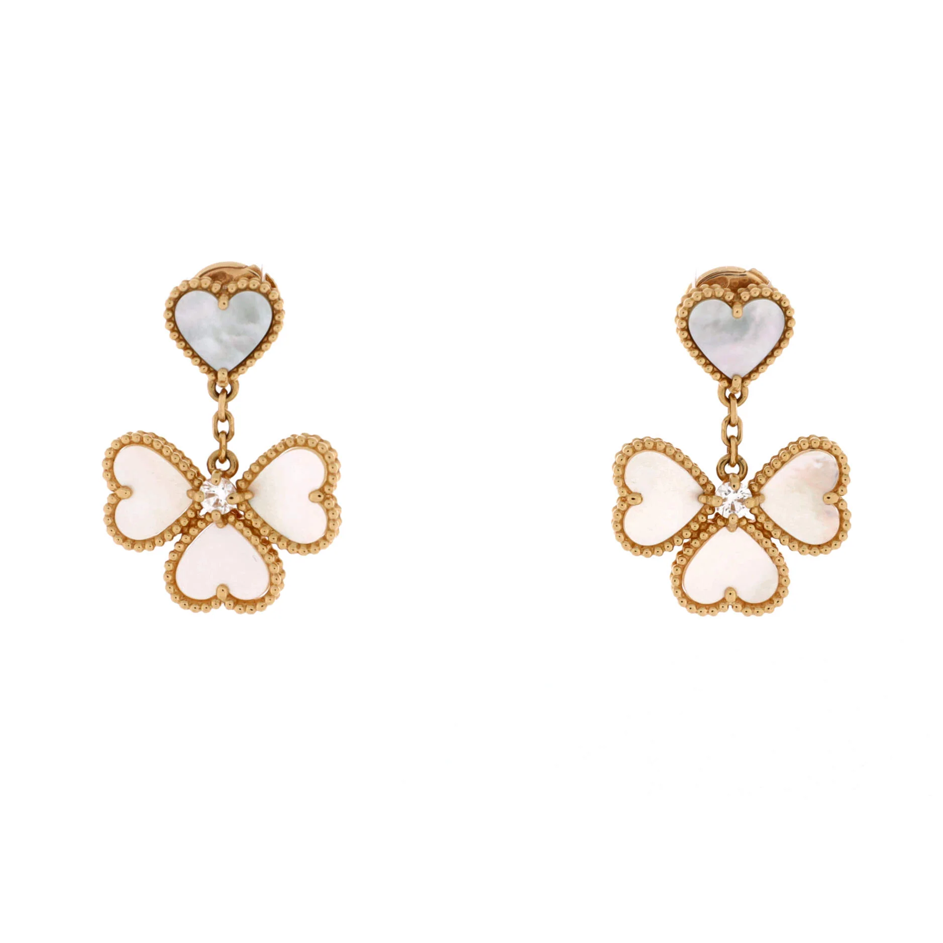Sweet Alhambra Effeuillage Heart Earrings 18K Yellow Gold with Mother of Pearl and Diamonds