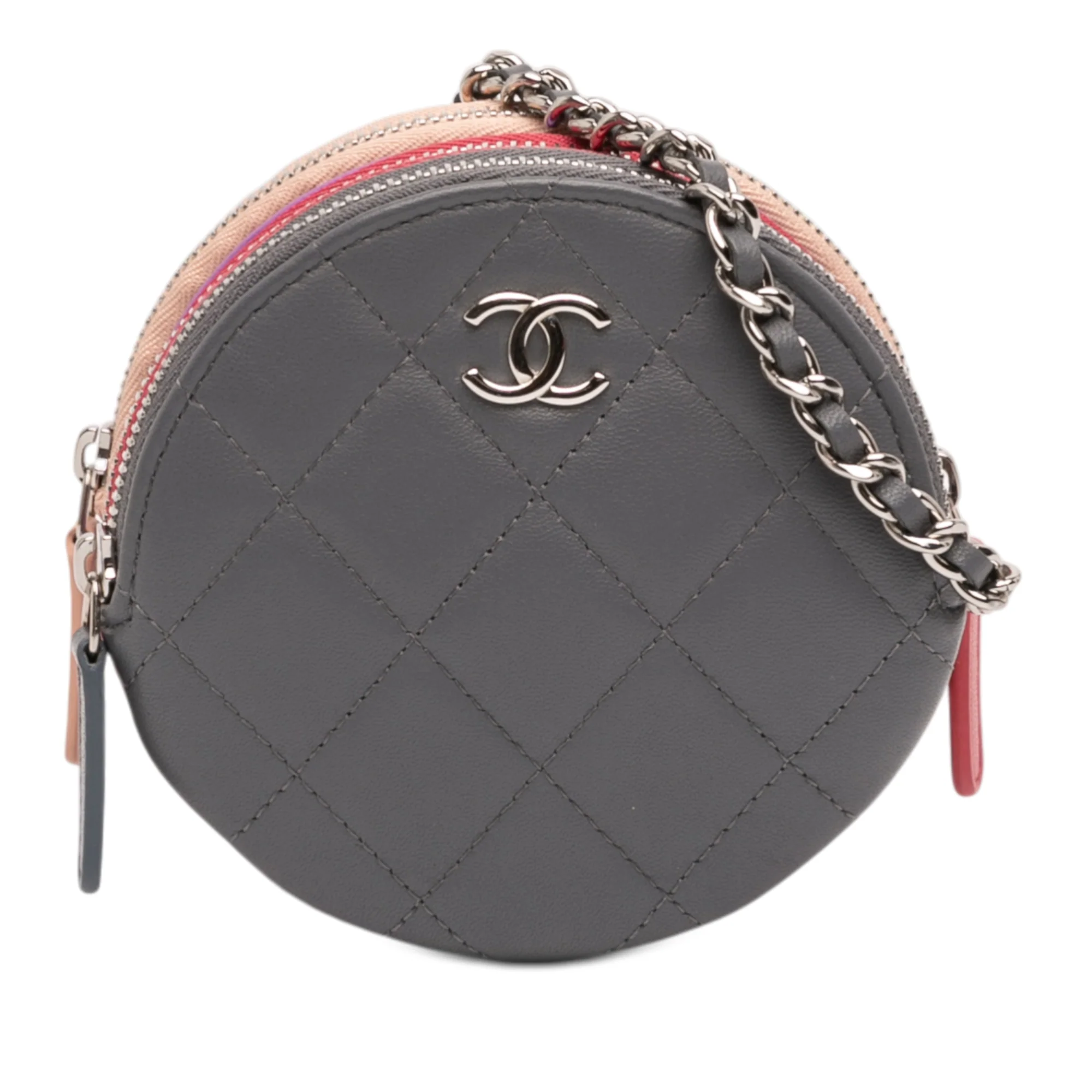 Round Compartment Clutch with Chain Quilted Lambskin