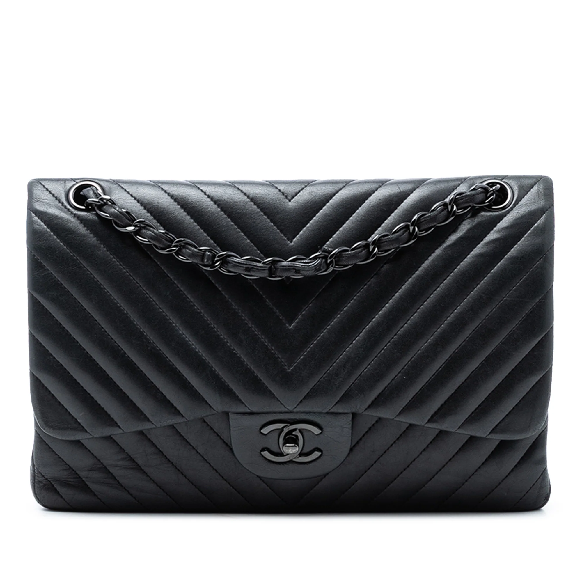So Black Classic Double Flap Bag Chevron Lambskin Jumbo