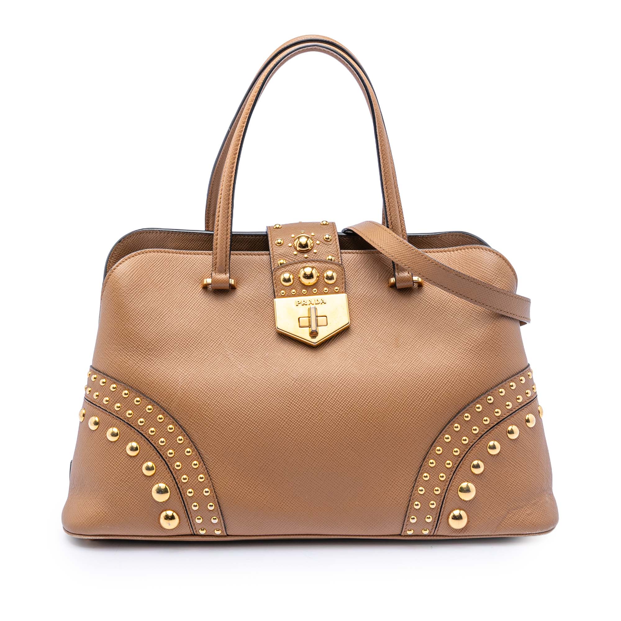 Convertible Turnlock Dome Satchel Studded Saffiano Leather Medium
