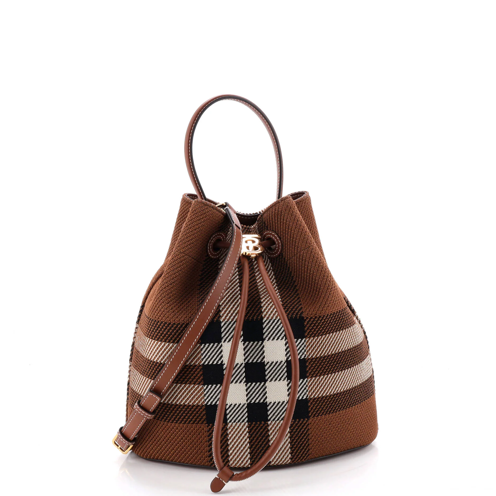 TB Drawstring Bucket Bag Check Knitted Fabric Small