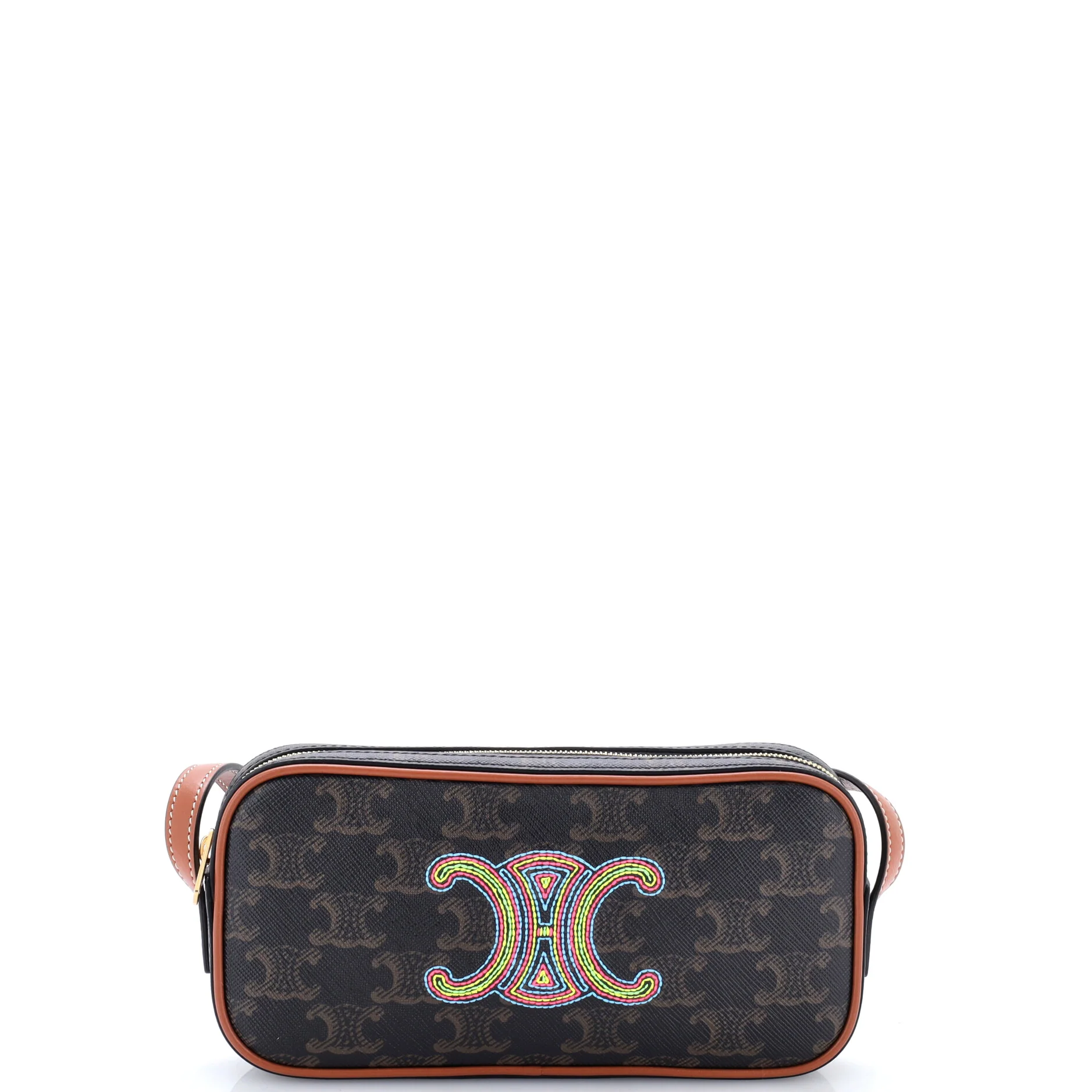 Cuir Triomphe Camera Shoulder Bag Embroidered Triomphe Coated Canvas with Leather Small