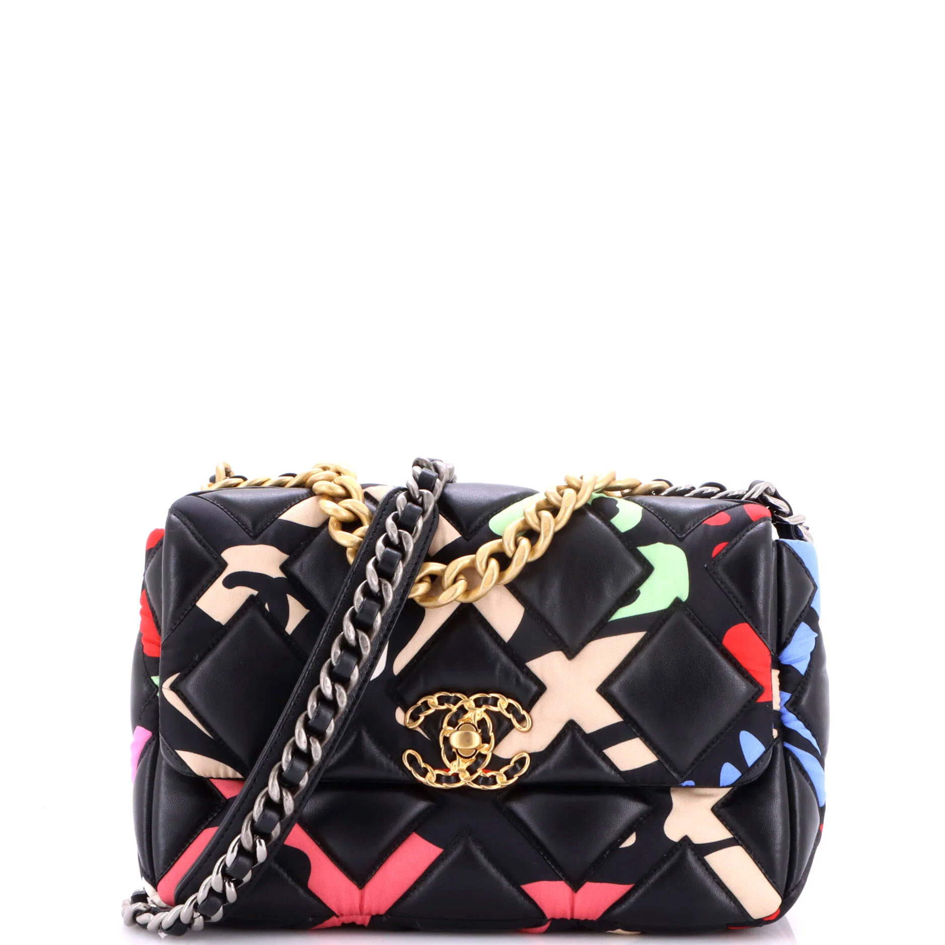 19 Flap Bag Quilted Lambskin and Printed Silk Medium