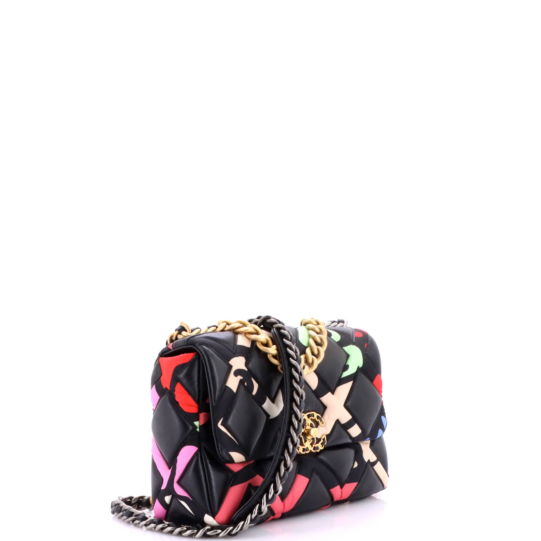 19 Flap Bag Quilted Lambskin and Printed Silk Medium - Image 2