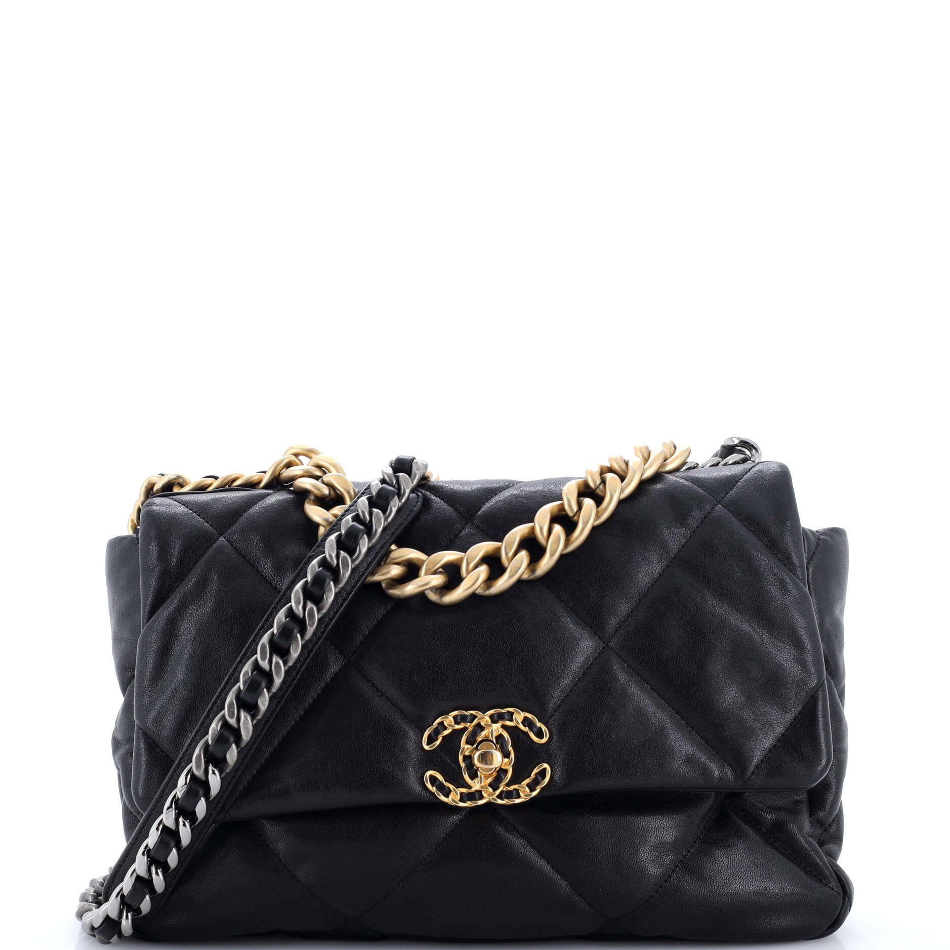 19 Flap Bag Quilted Shiny Crumpled Calfskin Large
