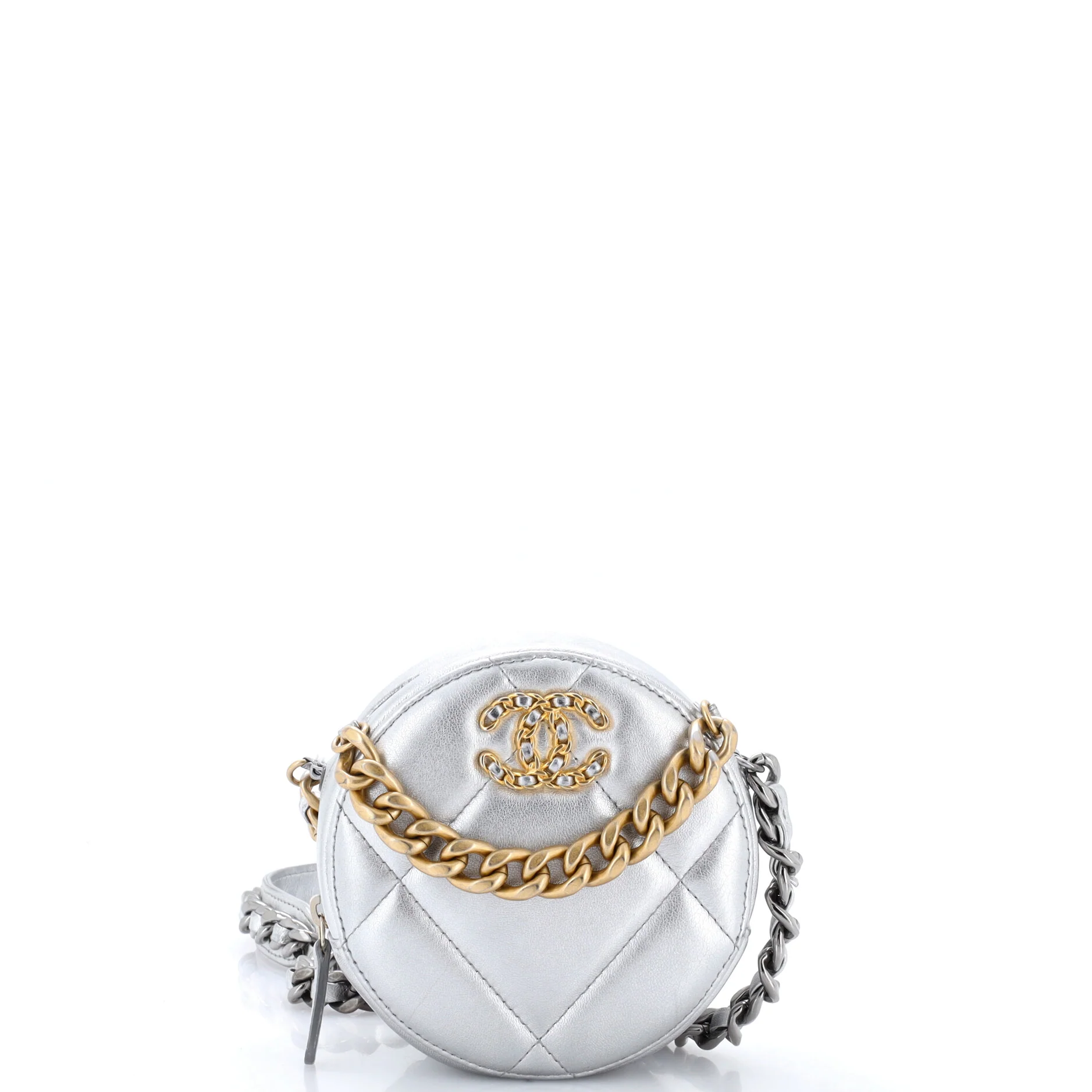 19 Round Clutch with Chain Quilted Leather