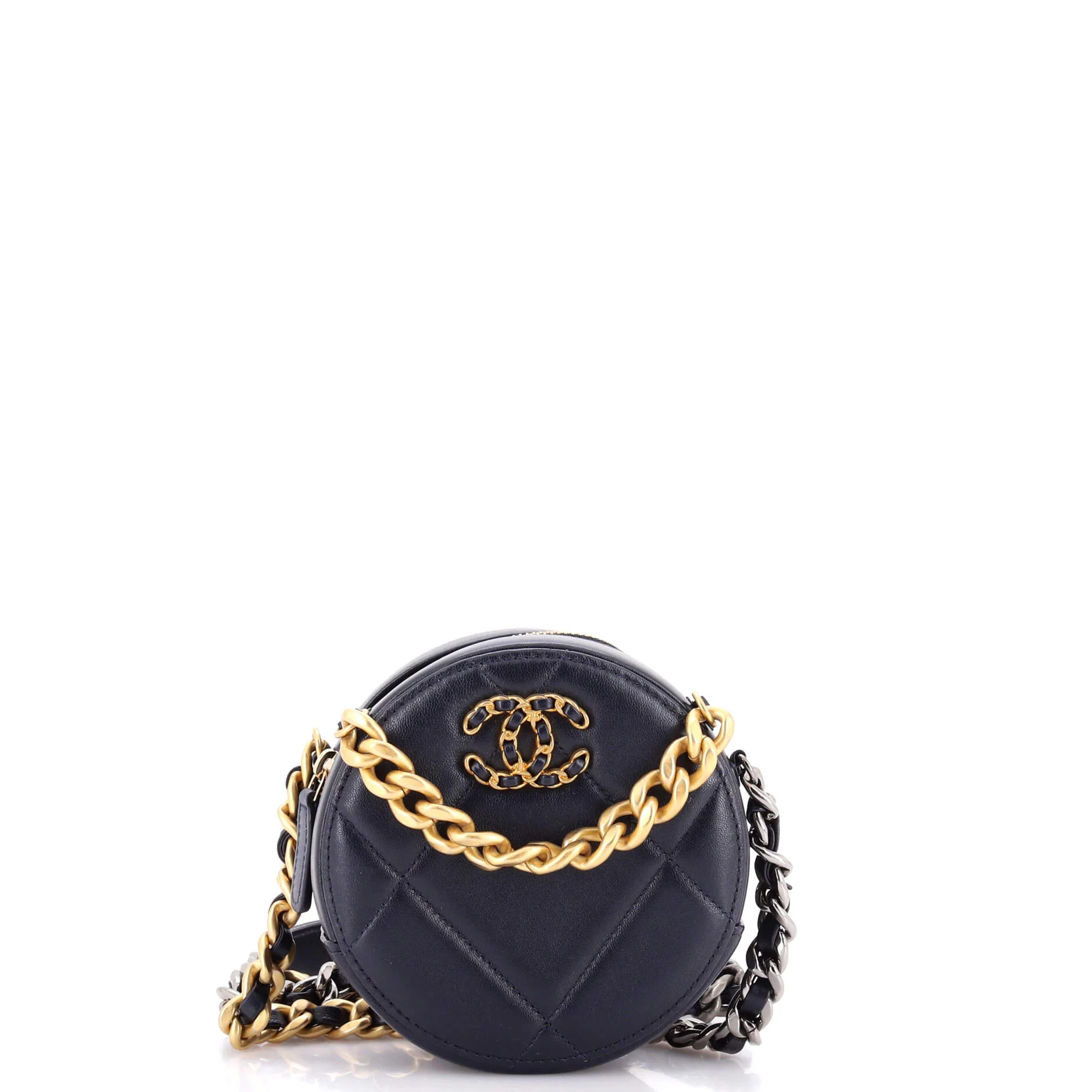 19 Round Clutch with Chain Quilted Leather