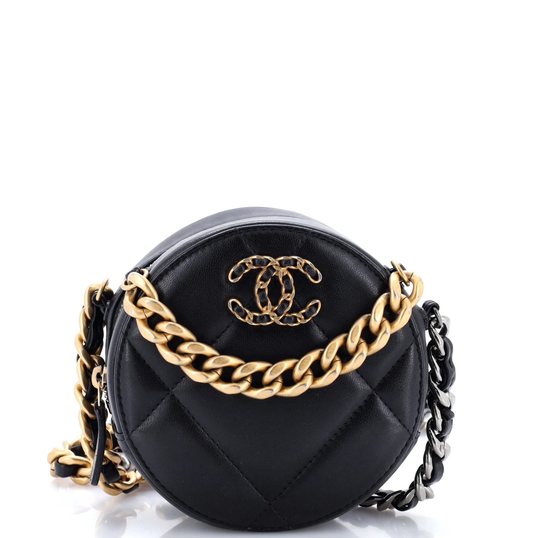 19 Round Clutch with Chain Quilted Leather