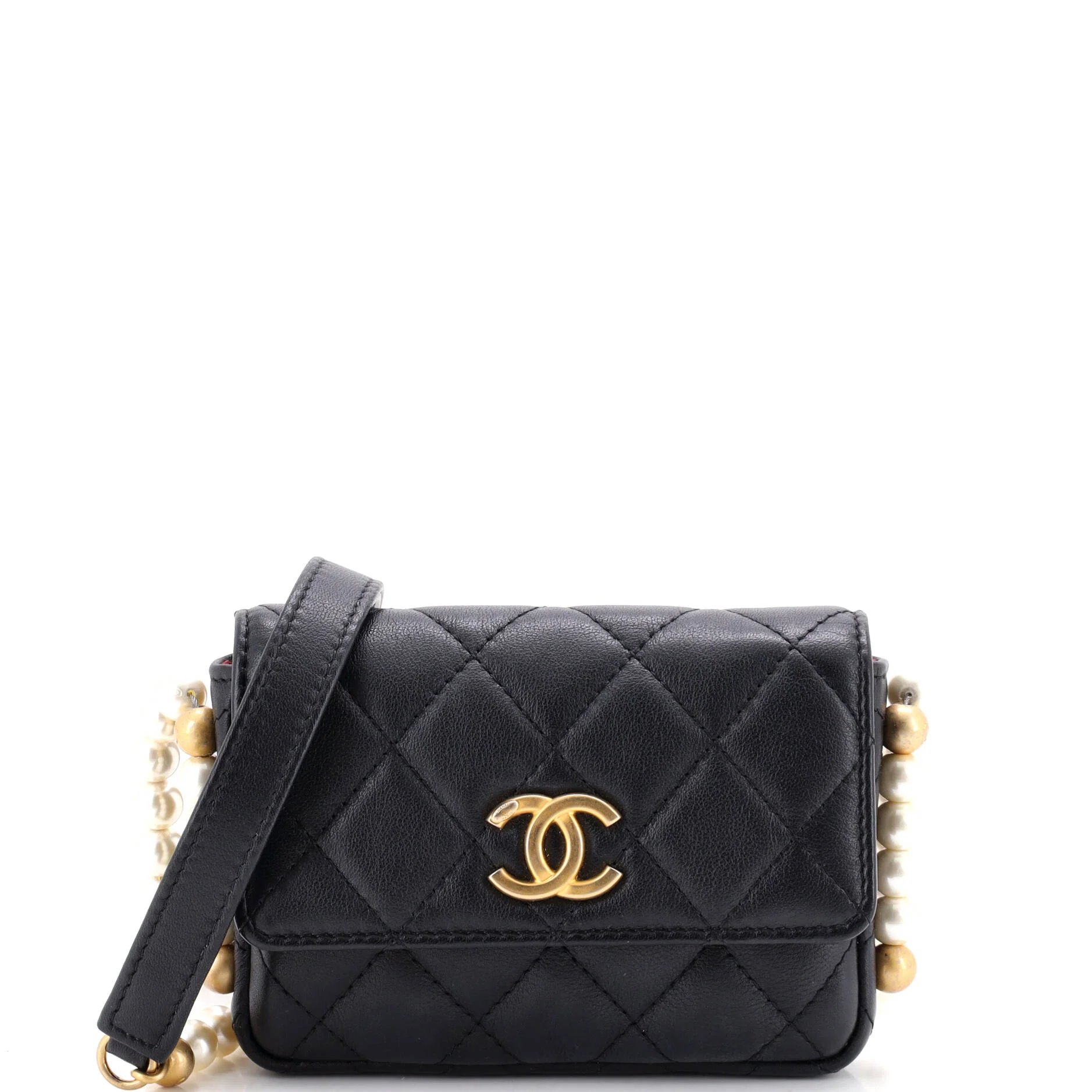 About Pearls Flap Card Holder with Chain Quilted Calfskin
