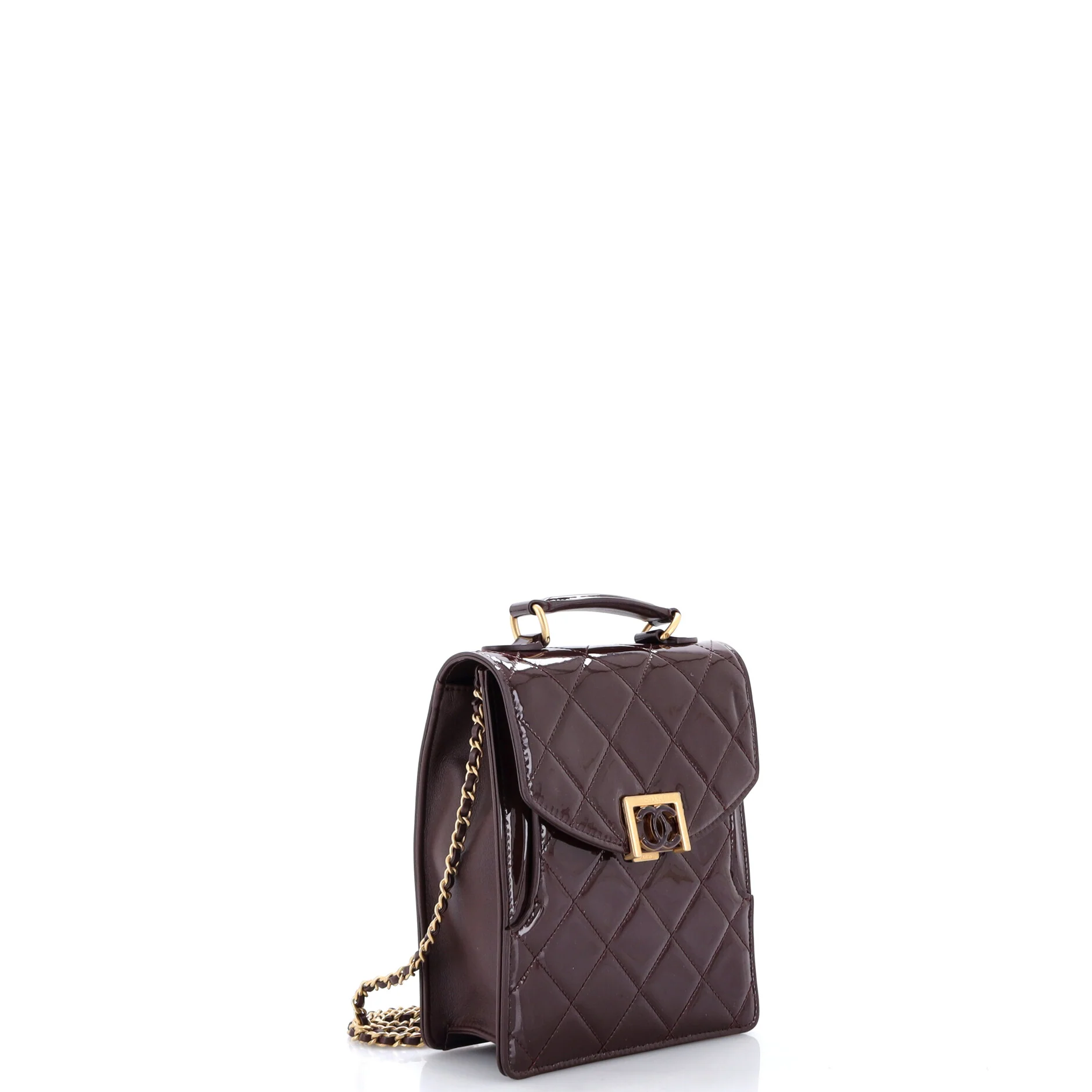 CC Vertical Top Handle Chain Flap Bag Quilted Patent Small - Image 2