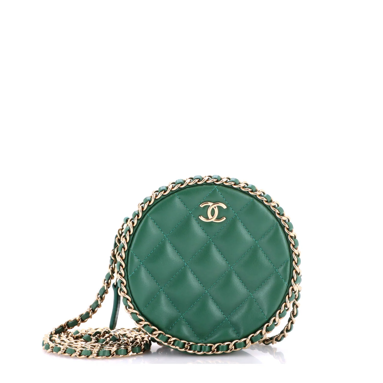 Chain Around Round Clutch with Chain Quilted Lambskin