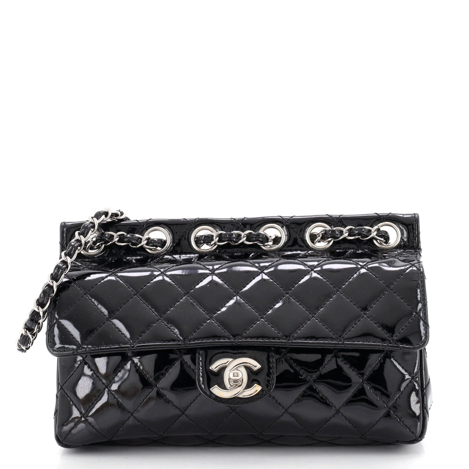 Chain Through Flap Bag Quilted Patent Medium