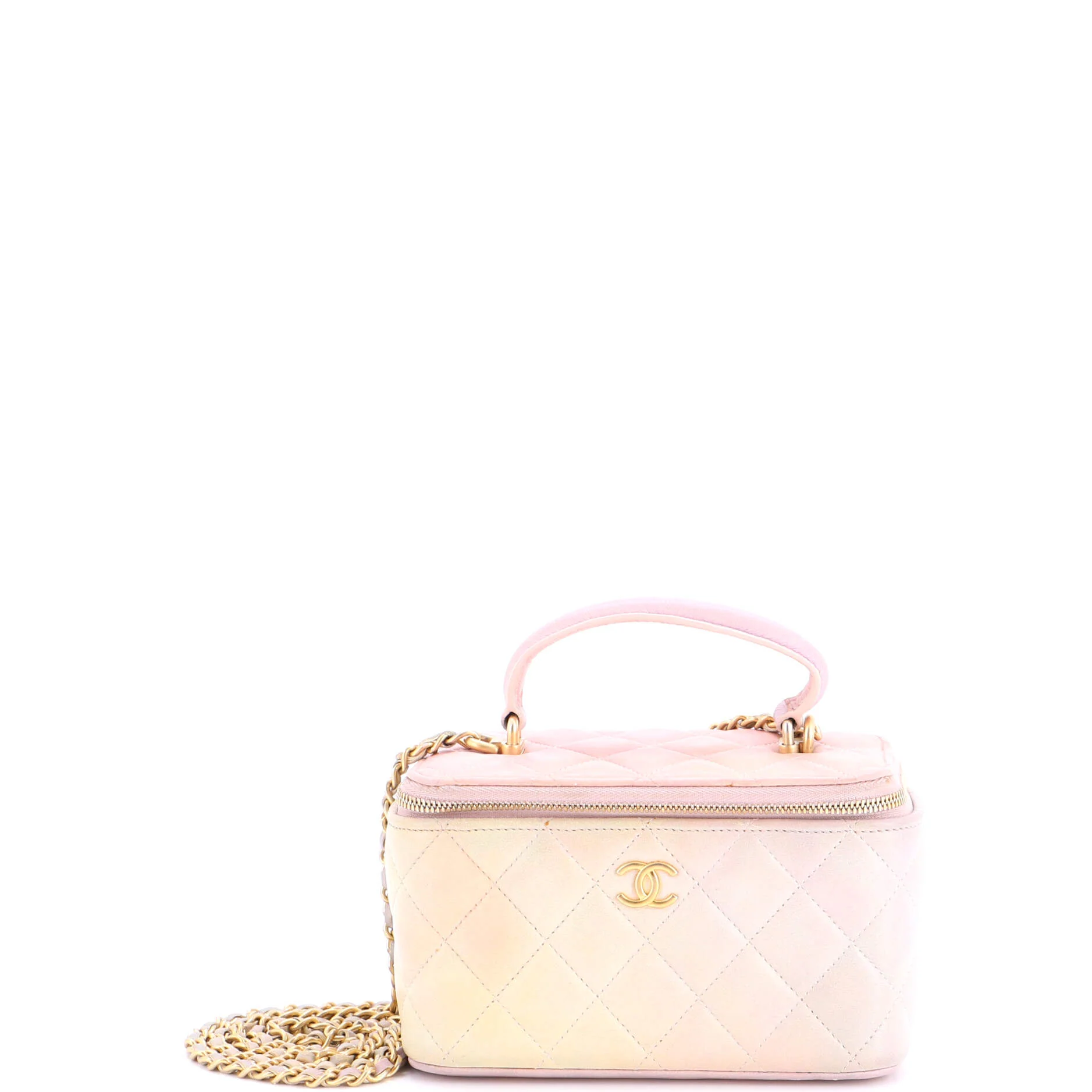 Classic Top Handle Vanity Case with Chain Quilted Iridescent Rainbow Lambskin Small