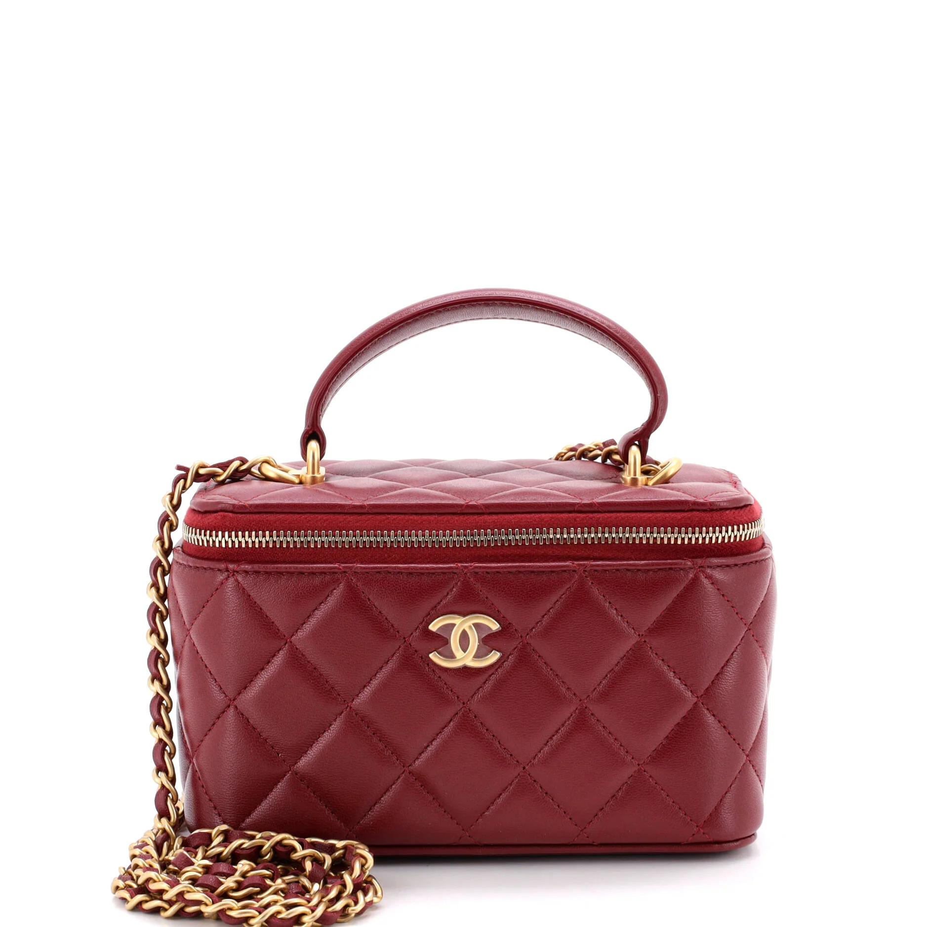 Classic Top Handle Vanity Case with Chain Quilted Lambskin Small