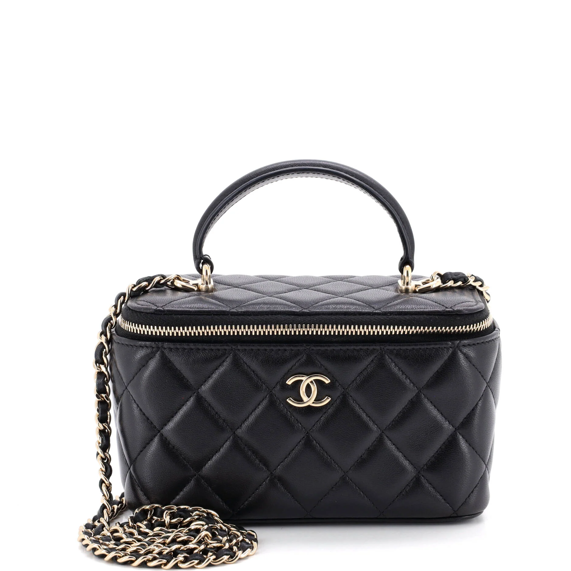 Classic Top Handle Vanity Case with Chain Quilted Lambskin Small