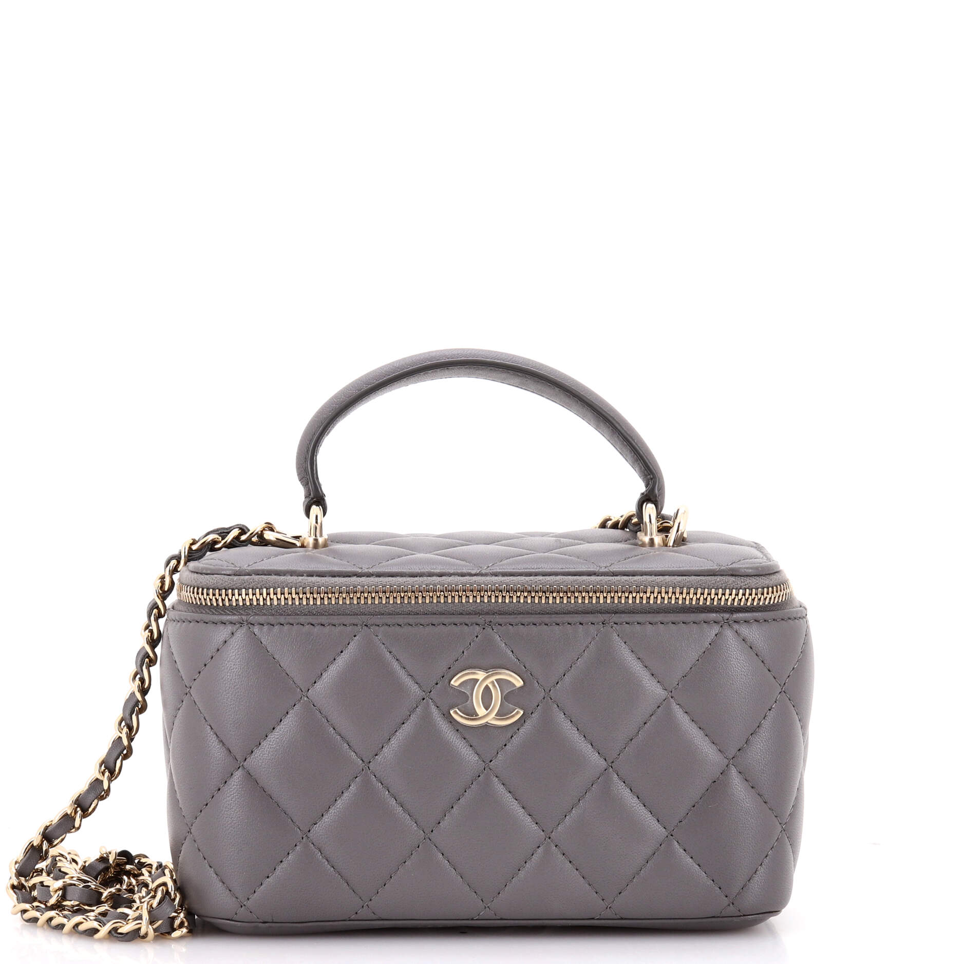 Classic Top Handle Vanity Case with Chain Quilted Lambskin Small