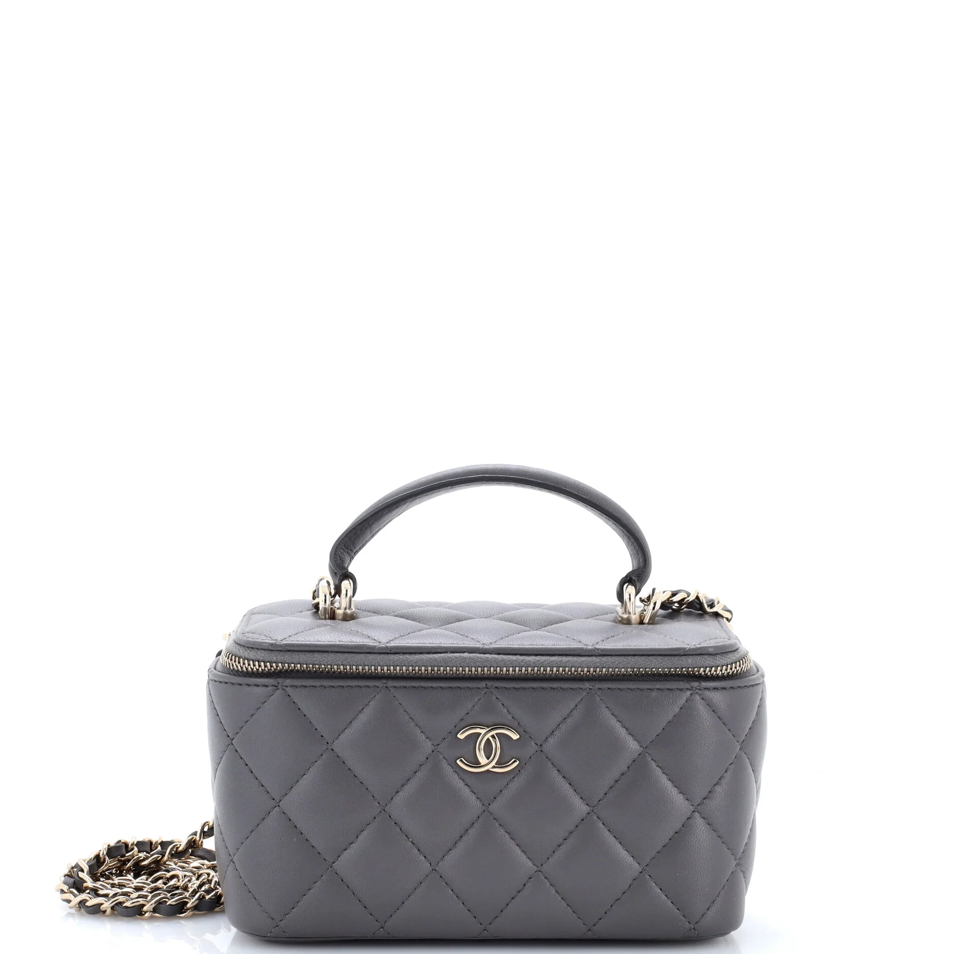 Classic Top Handle Vanity Case with Chain Quilted Lambskin Small