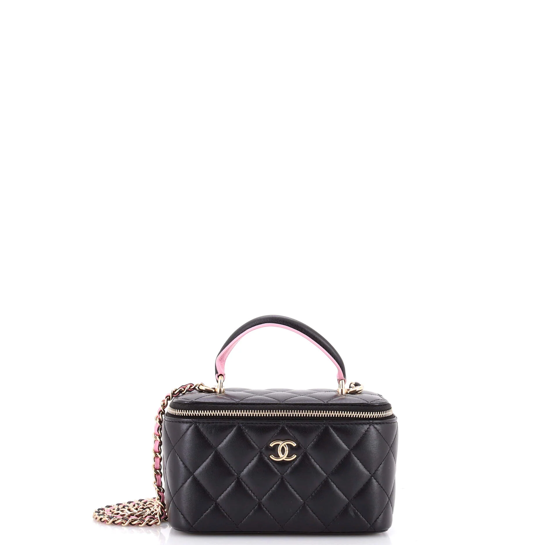 Classic Top Handle Vanity Case with Chain Quilted Lambskin Small