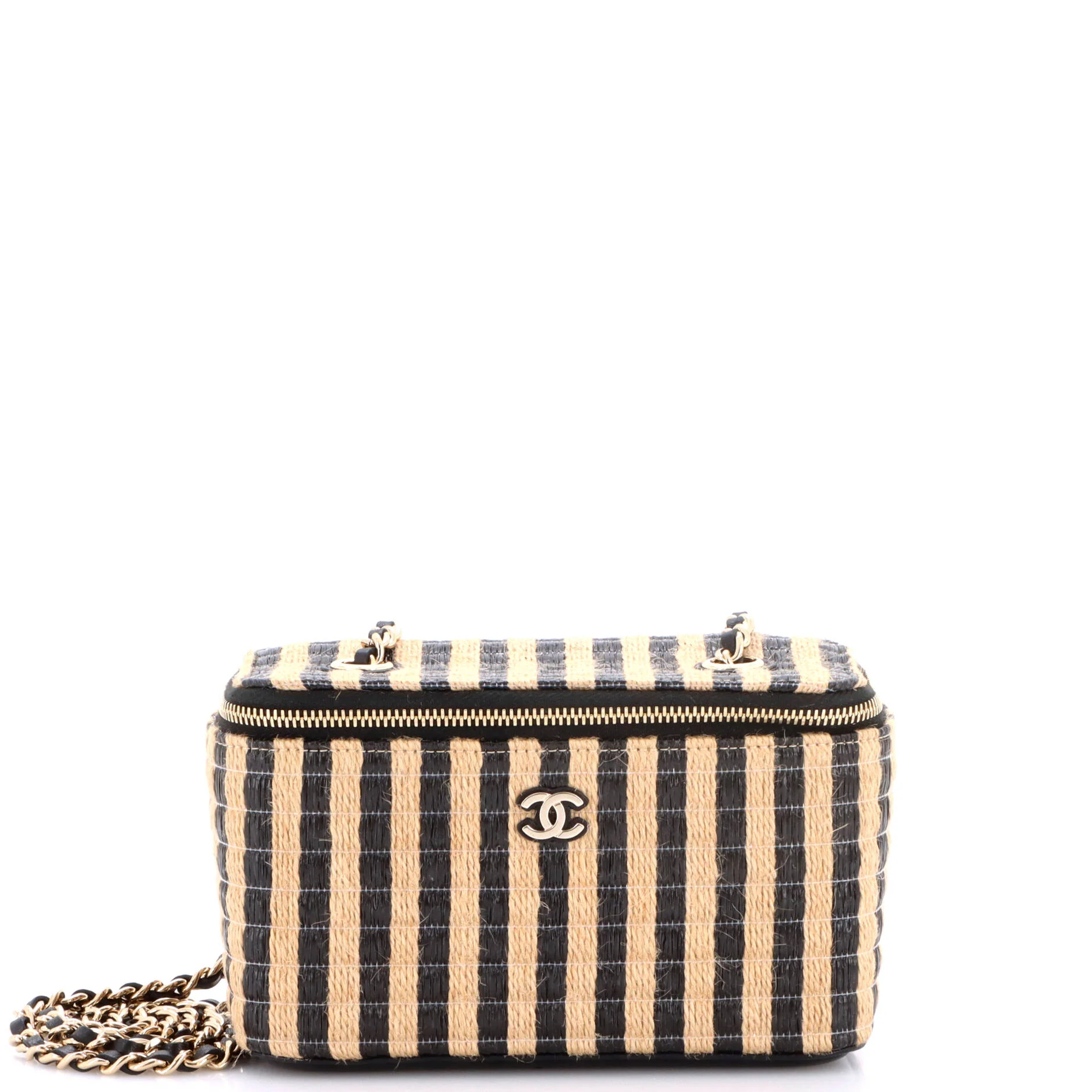 Classic Vanity Case with Chain Striped Raffia and Jute Small