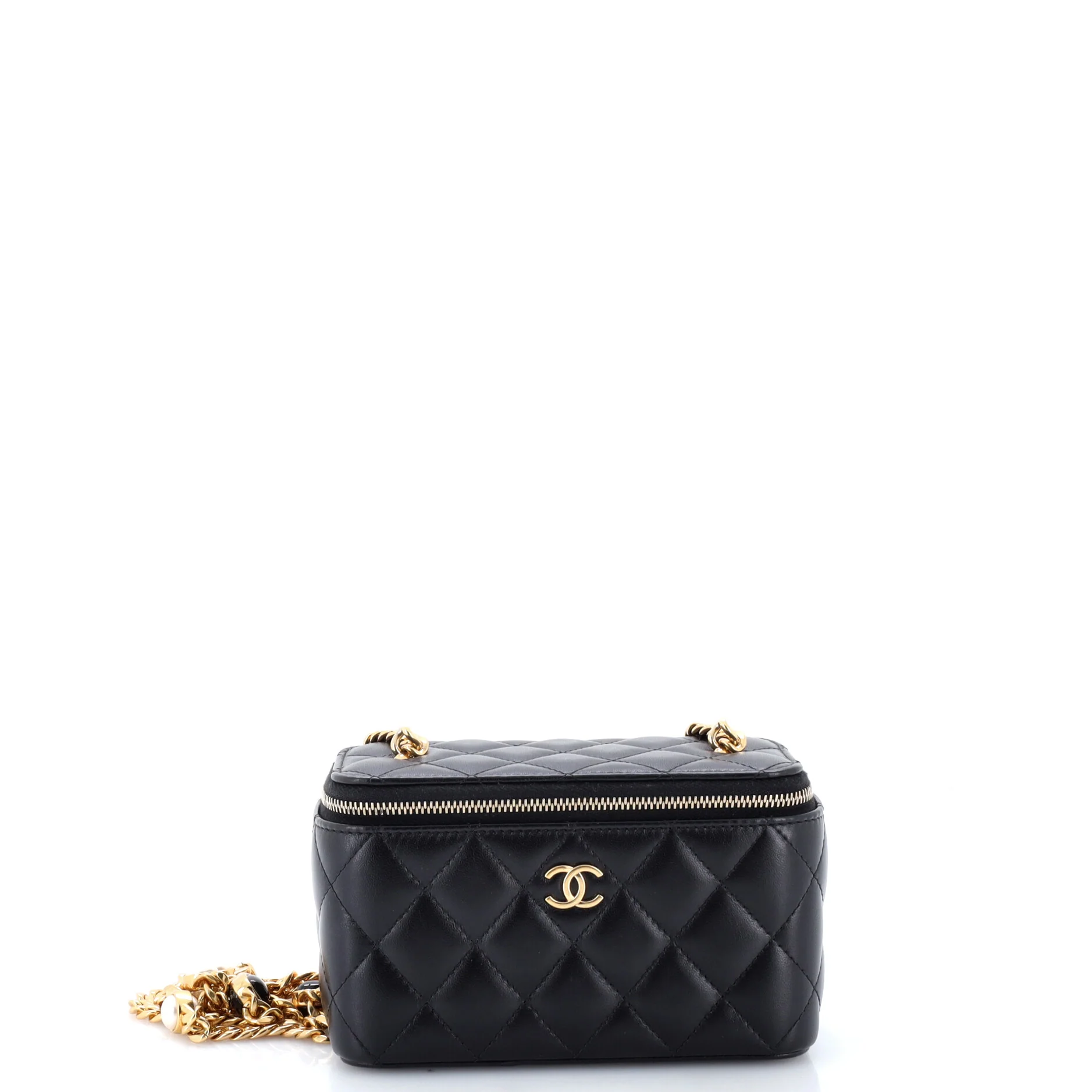 Classic Vanity Case with Resin Pearl Chain Quilted Lambskin Small