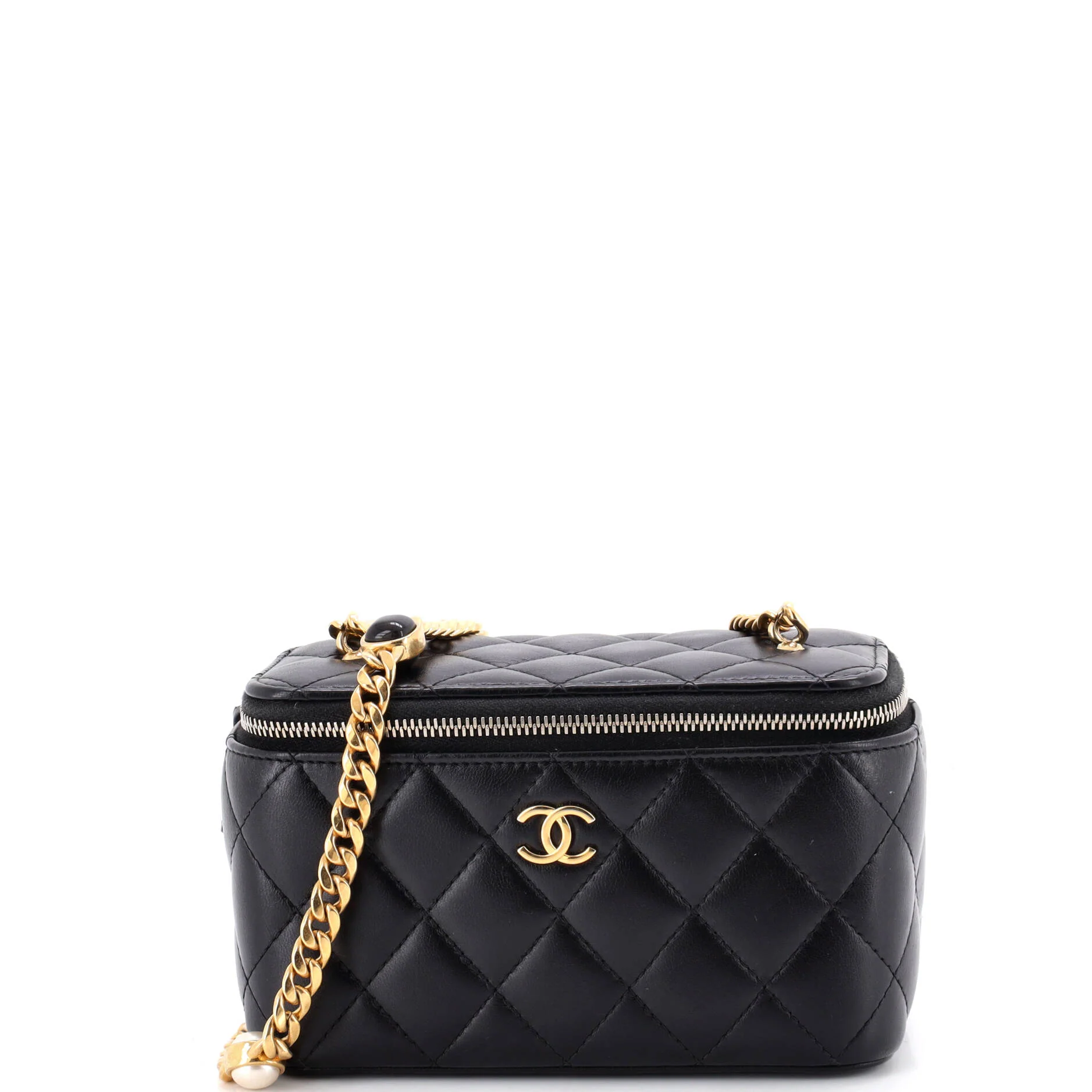 Classic Vanity Case with Resin Pearl Chain Quilted Lambskin Small