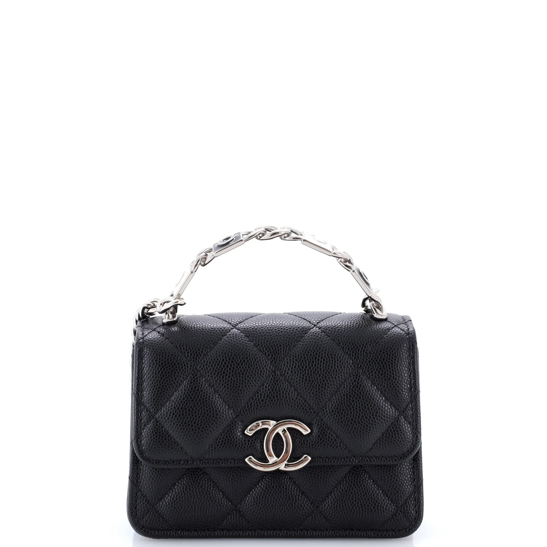 Coco Enamel Top Handle Flap Clutch with Chain Quilted Caviar