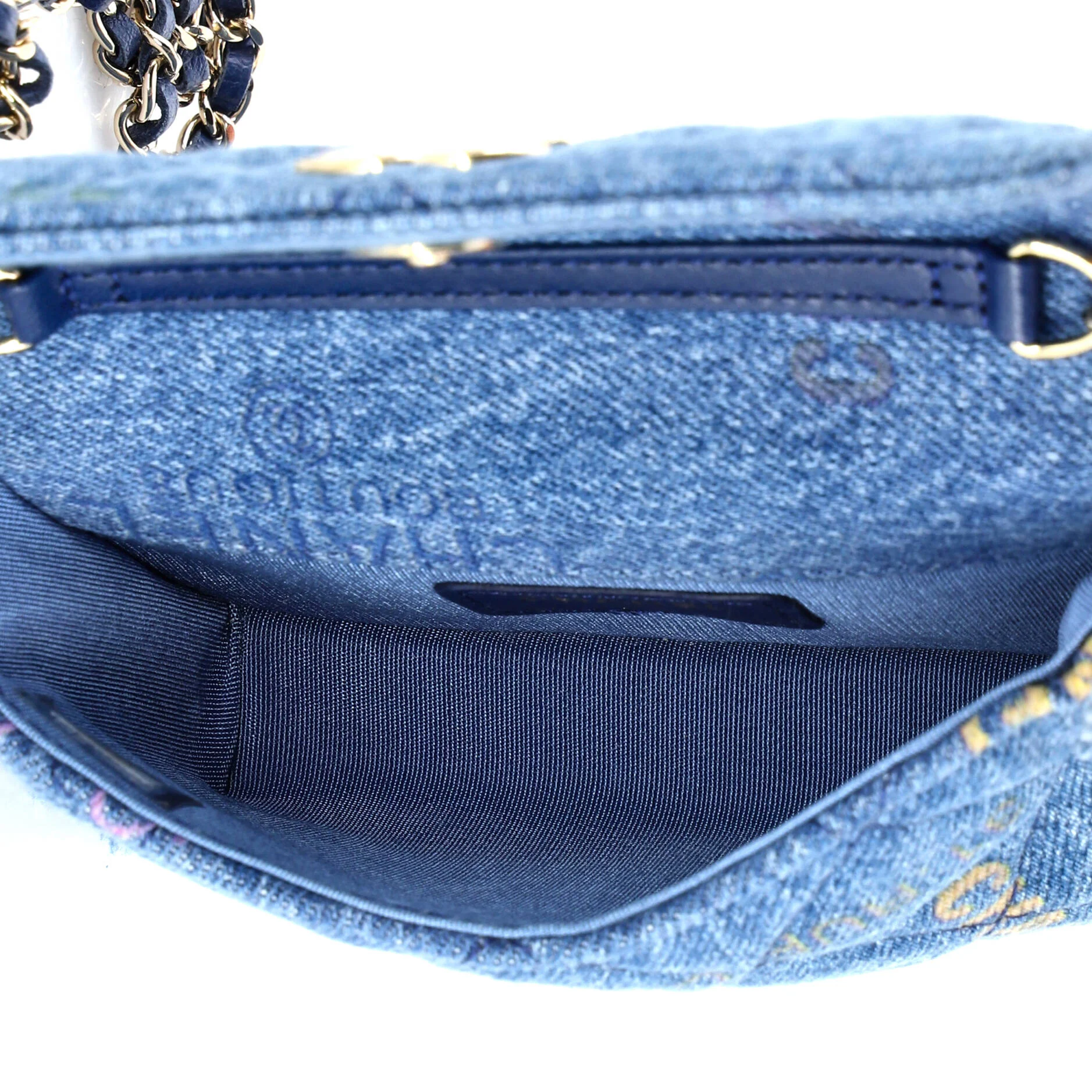 Denim Mood Flap Clutch with Chain Logo Printed Quilted Fringe Denim - Image 5