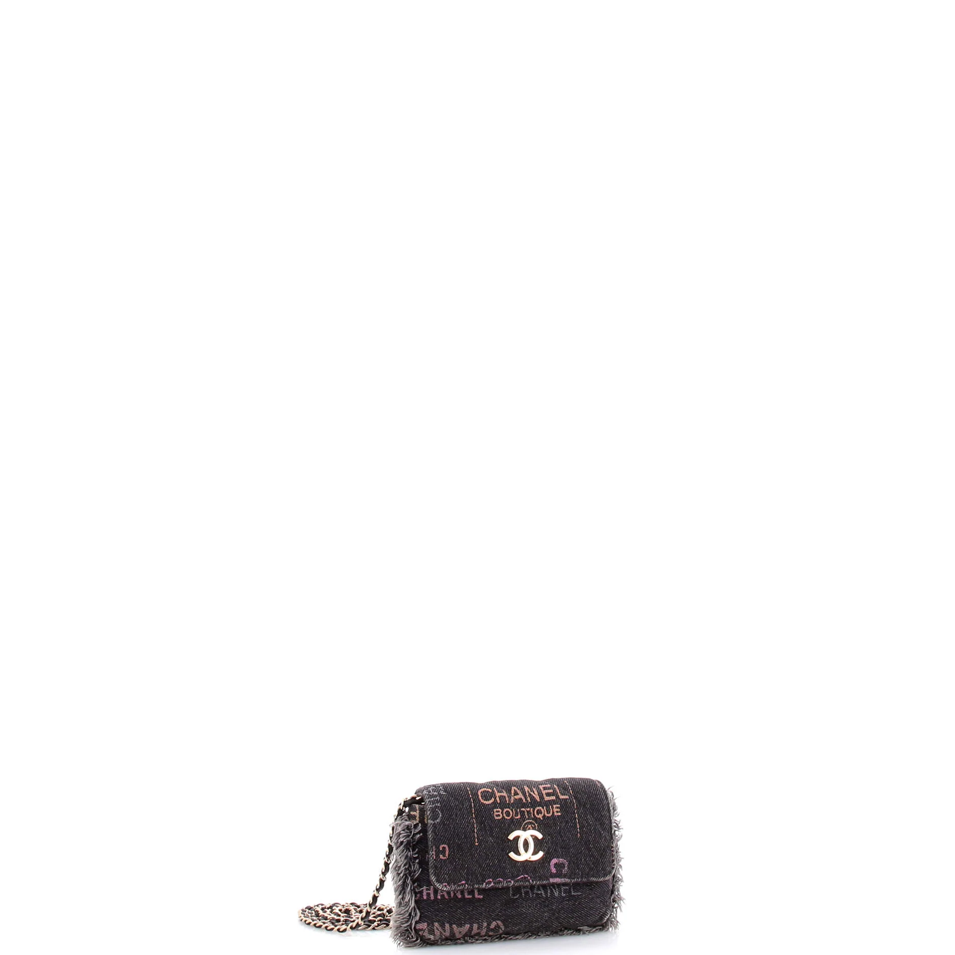 Denim Mood Flap Clutch with Chain Logo Printed Quilted Fringe Denim - Image 2