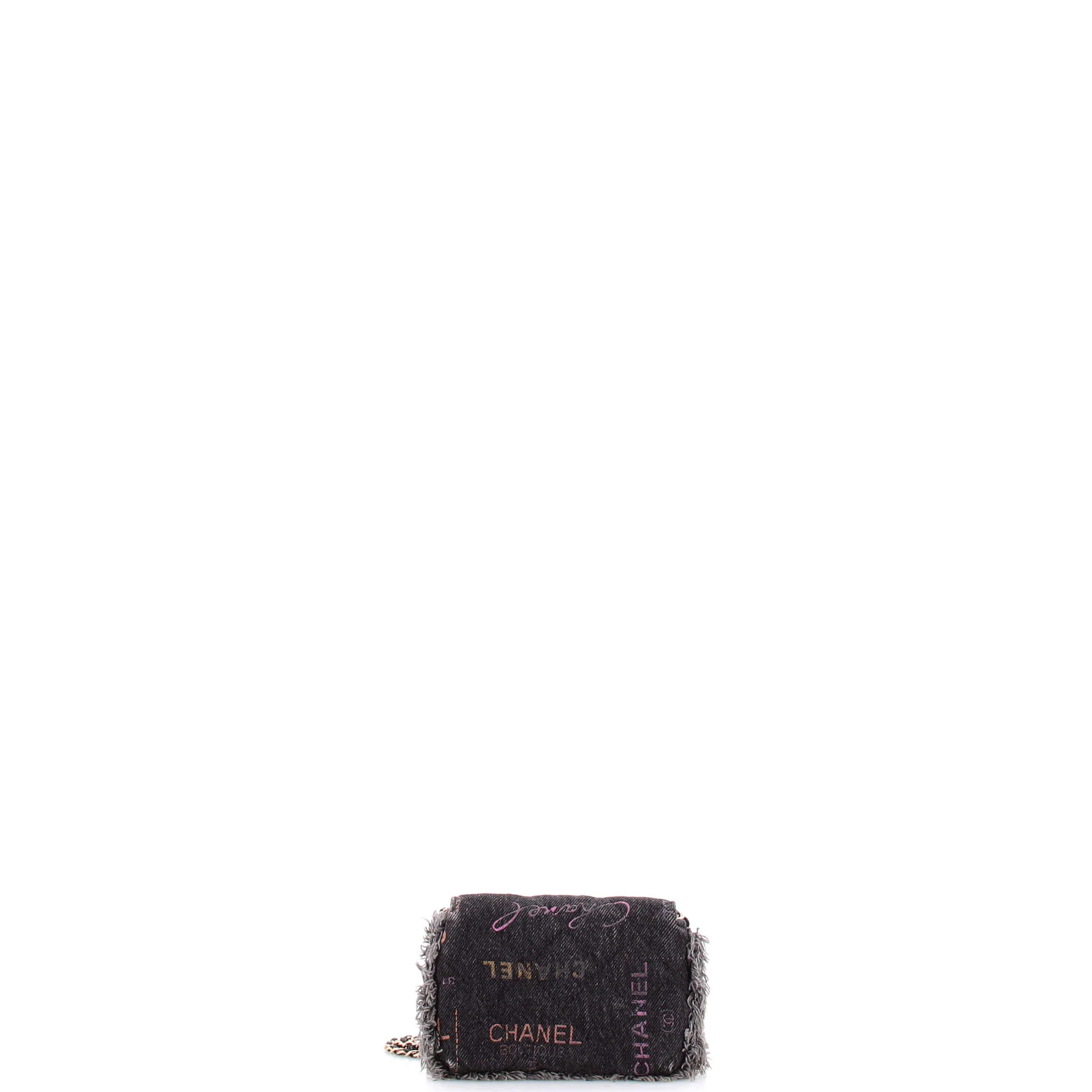 Denim Mood Flap Clutch with Chain Logo Printed Quilted Fringe Denim - Image 3