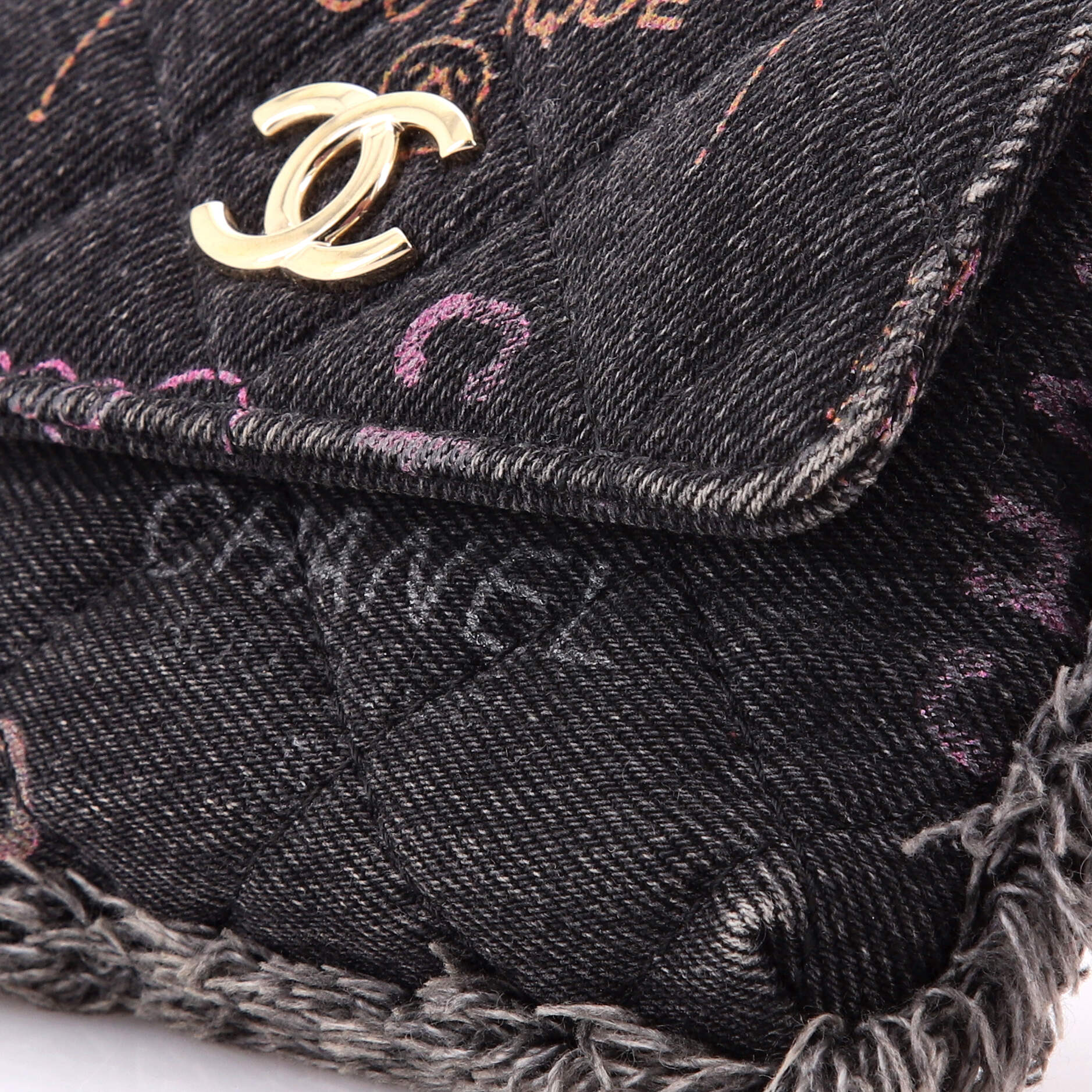 Denim Mood Flap Clutch with Chain Logo Printed Quilted Fringe Denim - Image 6